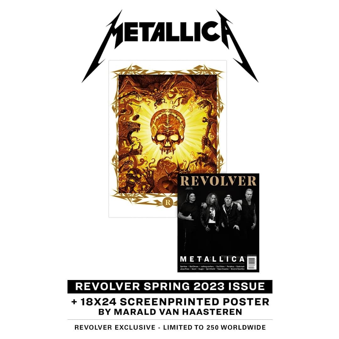 Revolverのインスタグラム：「⚡ Metallica are on the cover of our spring issue, and we've got it bundled with an exclusive screenprinted poster that's inspired by the band's legacy and the concept '72 Seasons'. Only 250 exist. Get yours now. ⁠ ⁠ 👁️ Order now⁠ 🔗 Link in bio」