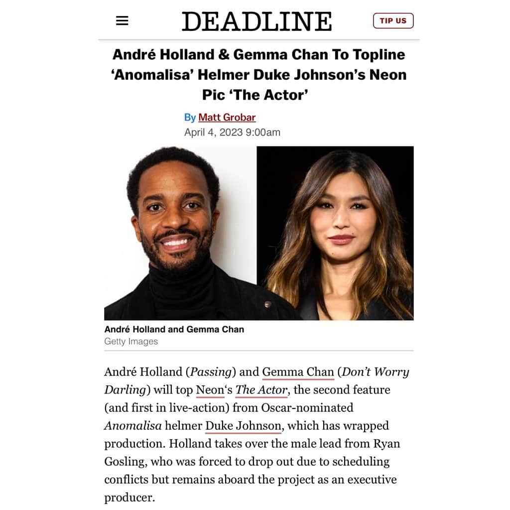 のインスタグラム：「The Actor: this labor of love has been 8 years in the making. What a journey to produce alongside & witness Duke Johnson: my friend of 20 years, emerge to direct this deeply special piece. To co-write with his NYU classmate Stephen Cooney. Then to be able cast Andre Holland (my friend of 23 years & one of our greatest actors) in the leading role!? Literally a dream. With Queen Gemma Chan as our Edna. So grateful to partner with Ryan & Ken + the Waypoint & Make Good teams to bring it all together. Thank you @neonrated for being our studio, creative partners & believing in the project. And thank you Abigail Westlake & the Westlake Estate for giving Duke & I thé option to the novel “Memory” all these years. And Charlie for sending it our way. Lots of thank yous & more incredible cast announcements & film updates coming over the next year. 🙏🏼. #theactor」