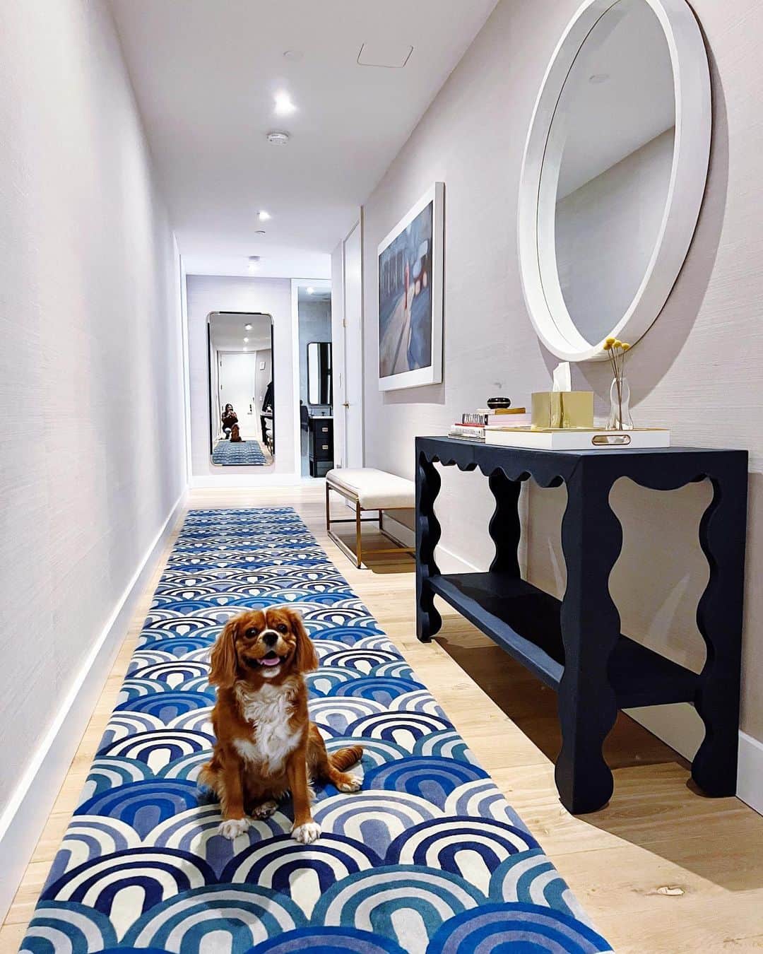 Ilana Wilesのインスタグラム：「After living for a year with a rug that only covered half my hallway, looking for something, anything long enough that was as nice as my custom rug from @lucytupustudio, buying and returning at least three rugs that just weren’t right for various reasons (too skinny, too cheap looking, not cushy enough for the feet), Lucy told me that she would duplicate her original rug for a great price so that my hallway could live it’s best life. Thank you Lucy!!!! My hallway is so much happier now. Also, a huge thank you to @flatiron27 for helping me decorate the rest of my entry in style! And thank you Frankie for sitting still for this photo. Please don’t pee on the new rug.」