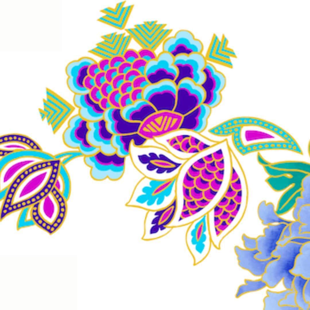 のインスタグラム：「Imprimé aux fleurs stylisées, inspirées par les décors de la mythique villa de David Bowie sur l’île Moustique. Sur fond blanc, l'imprimé est réalisé dans les coloris classiques de LEONARD, violet, turquoise, vert et fuchsia. ** Print with stylized flowers, inspired by the decor of David Bowie's mythical villa on Mustique Island. On a white background, the print is realized in the classic LEONARD colors, purple, turquoise, green and fuchsia.  #LEONARD #LEONARDPARIS #LeonardSS23 #SS23 #SpringSummer23 #Print」
