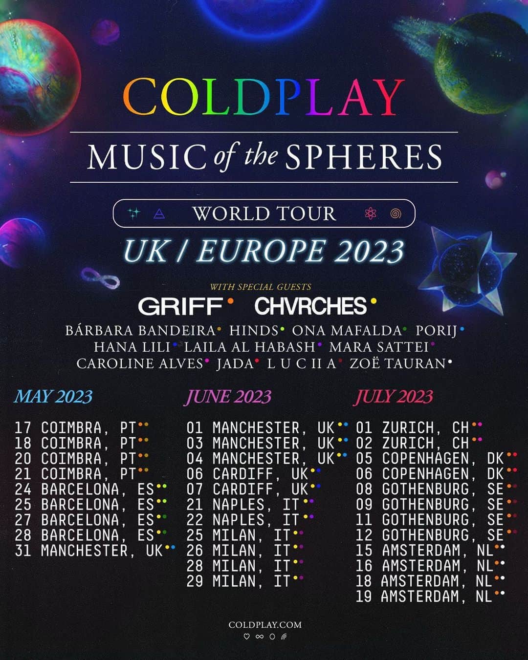 Coldplayのインスタグラム：「💫 UK / EU tour support acts announced  ♾ Infinity Tickets for all UK / EU shows on sale tomorrow at 10am local time  More info at Coldplay.com (link in bio)  @wiffygriffy @chvrches @barbarabandeiraa @hindsband @onamafalda @porij_ @hanalili__ @lailaalabastro @mara.sattei @carolinealvesmusic @jadablu93 @_luciiaofficial @zoetauran  #MusicOfTheSpheresWorldTour」