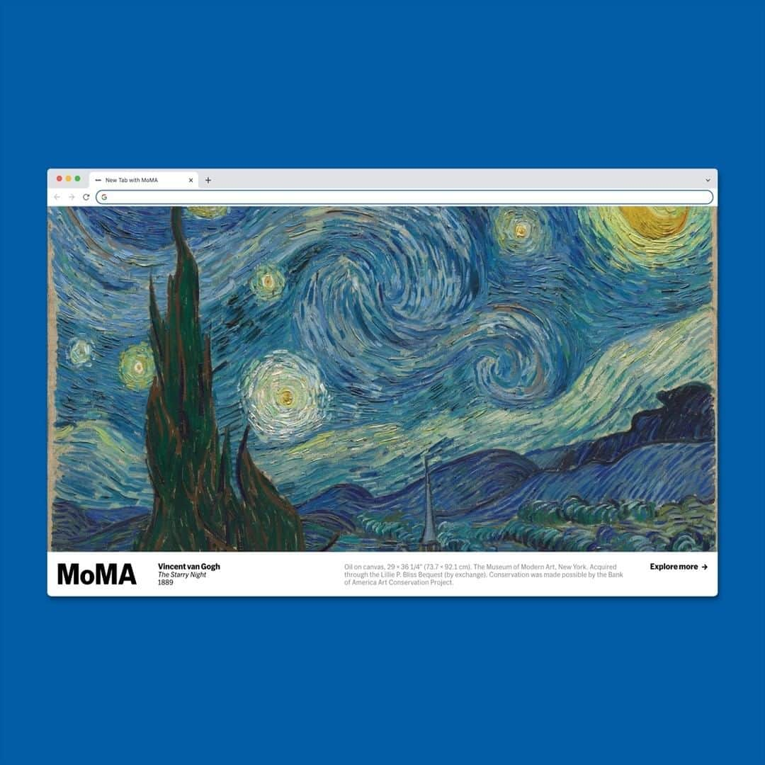 ニューヨーク近代美術館のインスタグラム：「Start your Google search with art!  We're excited to share that our project, New Tab with MoMA, has just been nominated for a Webby Award.  We recently worked with Google on a new way for you to enjoy works of art from our collection when you use Chrome. See a different artwork each time you open a new tab—from Vincent van Gogh’s “The Starry Night” to Yayoi Kusama’s “Violet Obsession”—and can click through to read, listen, and see more on our website.   → It’s an easy way to bring inspiration to your day and explore art wherever you are! Download New Tab with MoMA at mo.ma/newtab → Vote for New Tab with MoMA in the Webby Websites and Mobile Sites - NetArt category, link in bio.  #MoMACollection」