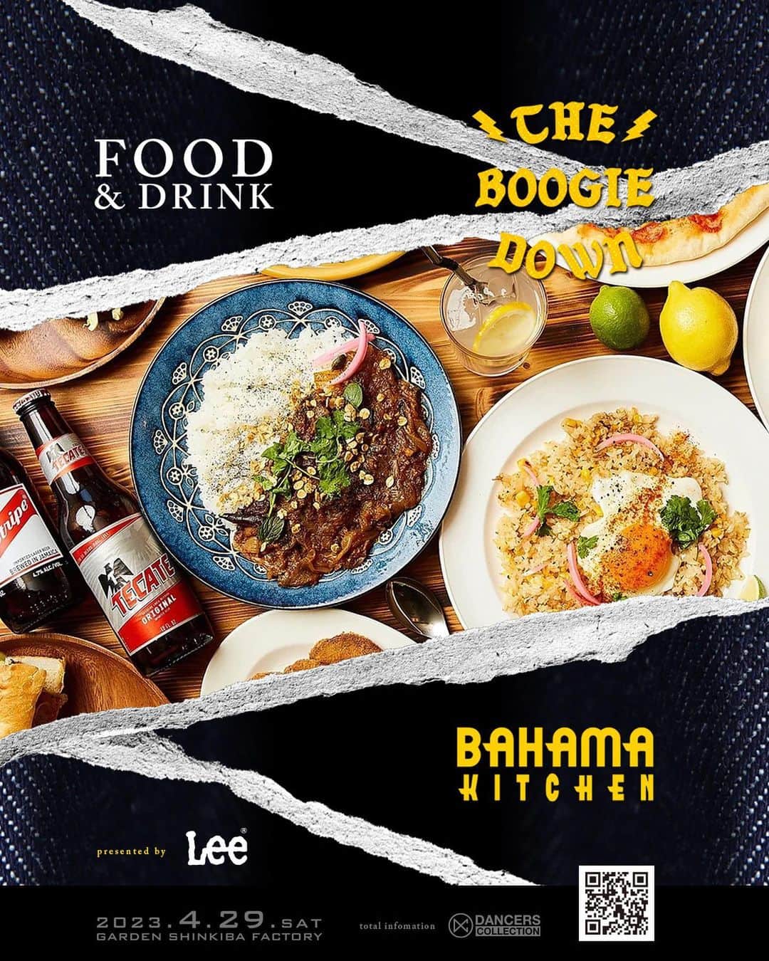 のインスタグラム：「THE BOOGIE DOWN By Lee にてフードコートを飲食ブースをサポートして下さるお店を紹介 🧉🍻🍛  ★BAHAMA KITCHEN★  @bahama_kitchen   渋谷宇多川町にたたずむ南国スポットは食・呑・音・踊の4本柱を軸にストリートカルチャーが交差する。  渋谷界隈のアンテナが高い層に話題となり連日賑わいを見せている。  ラムのセレクトにも定評があり、国内外から取り寄せた逸品が並ぶ。  音楽の発信にも力を入れハイスペックなDJ機器も揃っており、時折り所縁のDJが選曲、心地よいディナータイムが流れている。  当日は全来場者の胃袋を満たし、喉の渇きを潤すこと必至。  THE BOOGIE DOWN特別ドリンクも登場予定🥤  ※会場内にフードエリアを設置致します。  3 vs 3 ブレイキングバトルもエントリー随時募集中です！ キャンセル前に急げ🔥🔥🔥  ⁡ 『THE BOOGIE DOWN by Lee』 ⁡ ブレイキング（ブレイクダンス）3vs3バトル ⁡ ヒップホップのファーストジーンズ老舗メーカー「Lee」による初のヒップホップの祭典！ ⁡ 各ジャンルから豪華キャストをお招きして、来年からオリンピックの正式種目として加わる、ブレイキングバトルを開催！ ⁡ ３vs３のフォーマットで記念すべき第1回目のチャンピオンは誰の手に！ ⁡ 豪華ミュージシャンのライブや、DJ陣は全てレコードのみでプレイしてダンスバトルを展開！ ⁡ ◇日程 : 4月29日〔土〕 ◇場所 : GARDEN新木場FACTORY ◇時間 : 12:00 - 21:00〔予定〕 ◇イベント名 :THE BOOGIE DOWN ◇内容 : BREAKING BATTLE 3 vs 3 ◇優勝賞金300,000円 その他、トロフィー、協賛各社より豪華賞品 ・準優勝 : 100,000円 その他 協賛各社より豪華賞品 ⁡ ◇JUDGES ・KEN SWIFT / 7 GEMS From NYC ・KAZUHIRO / ALL AREA / O.G.S ・WATA / THE FLOORRIORZ / TAKE NOTICE ・JUST FIT / CONCLUSION CREW ・TENPACHI / BGSK / DEAD STOCK ・ISSEI / FOUNDNATION ⁡ ◇DJ’s ALL VINYL USE 〔NO PC NO CDJ〕 ・MURO / KING OF DIGGIN’ ・JIN / RHYMESTER / breakthrough ・DJ KOCO aka SHIMOKITA ・TEE / READY TO ROCK ・KOGATAROO / BREAKWELL RECORDS ・JUN aka funkyman ⁡ ◇サイドコンテンツ EAST COAST vs WEST COAST JAPAN ALL STAR’s BATTLE ★レジェンドから若手迄のオールスター対決  ・TOKYO BBOYS  ・MYSTIC MOVERS  ・CHANNELS ・B★5 CREW  ・ B ROCK CREW ・ TOKYO BE BOP CREW ・ FLOOR MASTERS ・ ROCK STEADY CREW  ・ RAVERS  ・ JUNGLE ALL STARS ・ SPARTANIC ROCKERS ・IMPERIAL BREAK MASTERS ・AST BREAKERS ・ANGEL DUST BREAKERS  ⁡ ・DJ BEAT ⁡ ◇MC LIVE / RAPPER ・TWIGY ⁡ ◇MUSIC LIVE ・SUPER BREAK ORCHESTRA ⁡ ◇LIVE PAINT ・TAKU OBATA ・TOMI-E / A.C.C. ⁡ -------------------------------- ⁡ #dancerscollection #tokyo #harajyuku #streetdance #dancer #hiphop #bboy #bgirl #poppin #lockin #breakin #house #graffiti #misic #mixcd #book #original #print #stitch #accessary #order ⁡ #thenoogiedown #lee #leejeans」