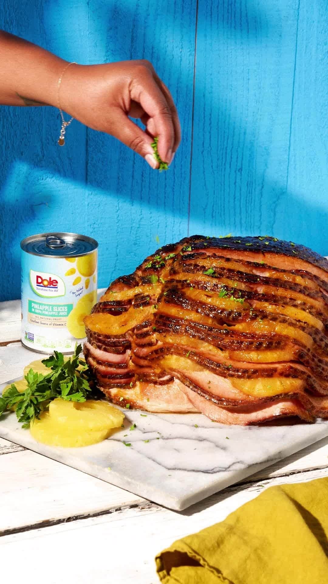 Dole Packaged Foods（ドール）のインスタグラム：「Make your Easter celebration extra special with our Glazed Pineapple Hasselback Ham recipe featuring DOLE Pineapple Slices! 🍍  Link in bio for recipe!」