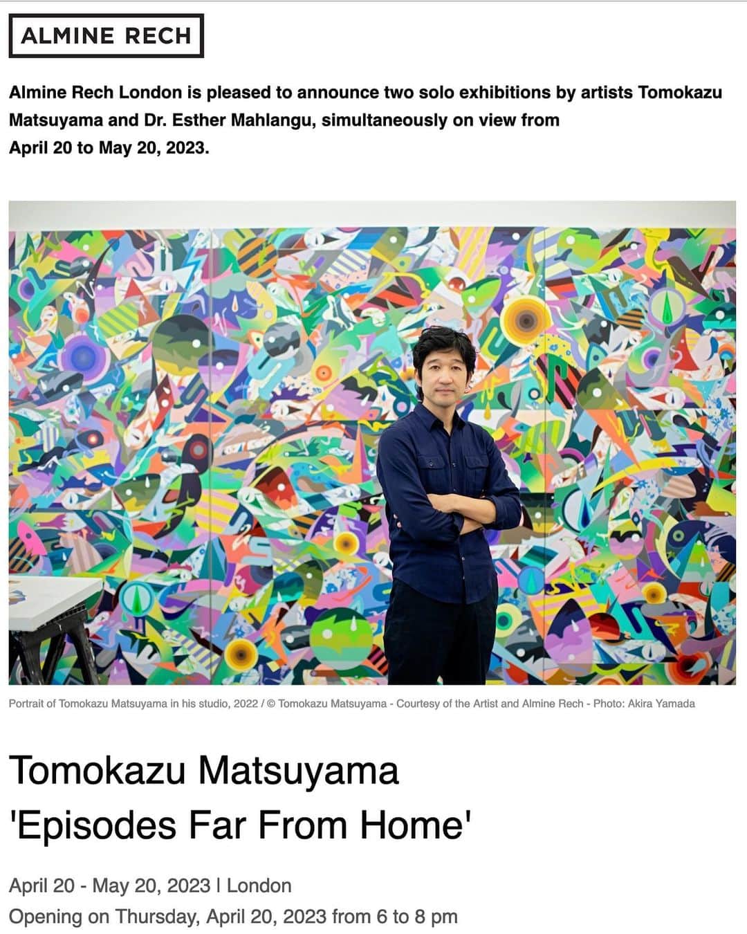 松山智一さんのインスタグラム写真 - (松山智一Instagram)「Happy to share this.  In 2 weeks with @alminerech in London 🇬🇧✌️👋 mark the date 4/20 🚬🌿☘️ --------------- Almine Rech London is pleased to present “Episodes Far From Home”, a solo exhibition by Tomokazu Matsuyama and his first with the gallery, on view from April 20 to May 20, 2023.  4\20日よりロンドンは @alminerech ギャラリーにて英国では初となる個展を開催します。」4月7日 1時43分 - tomokazumatsuyama