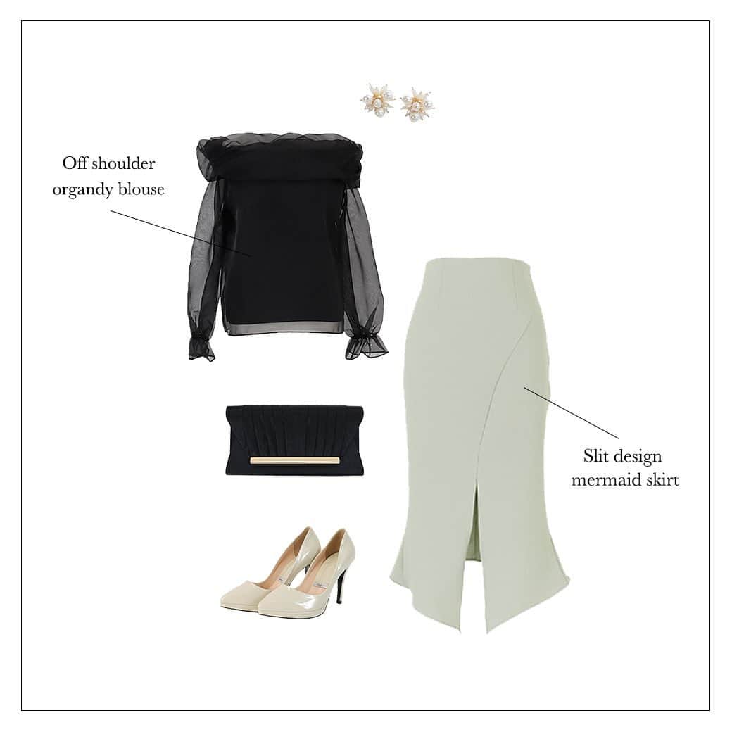 デュラスアンビエントのインスタグラム：「#オフショルダーオーガンジーブラウス <Beige, Black>  ふんわりと身体を包み込むエアリーな春のブラウス。  柔らかなオーガンジーでソフトな輪郭を縁取りつつも、大胆なデコルテ見せに女性らしい色香が漂います。  #スリットデザインマーメイドスカート <Ivory, Mint, Black>  フレア感を抑えたマーメイドラインが、女性らしさを醸しつつもスッキリとした印象に着地。  縦に流れる切り替えとフロントスリットで、さり気ないアクセントと抜け感を加えました。  ＿＿＿＿＿＿＿＿＿＿＿ ✔︎ @ambient_styling #AMBIENT #ambient_official #ambientstyle #アンビエント #デート服 #お呼ばれコーデ #女子会コーデ」