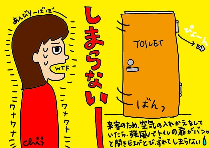 海保知里のインスタグラム：「トイレの扉が壊れました😭家中の窓を開けて換気をして掃除をしていたら、強風でトイレのドアが開き、ビスが飛び、ずれて扉が閉まらなくなりました😭うう。毎日色々起こります。#ネタだけは豊富　#海保知里イラスト　#お絵描き　#30日チャレンジ  #23日目 #イラスト #今日のイラスト #日常漫画　#エッセイ漫画　#ギャグ漫画　#トイレの扉が閉まらない　#bathroomdoornotclosing #illustration #illustagram #popart #drawing #picture #clipstudio #scribblescrabble」