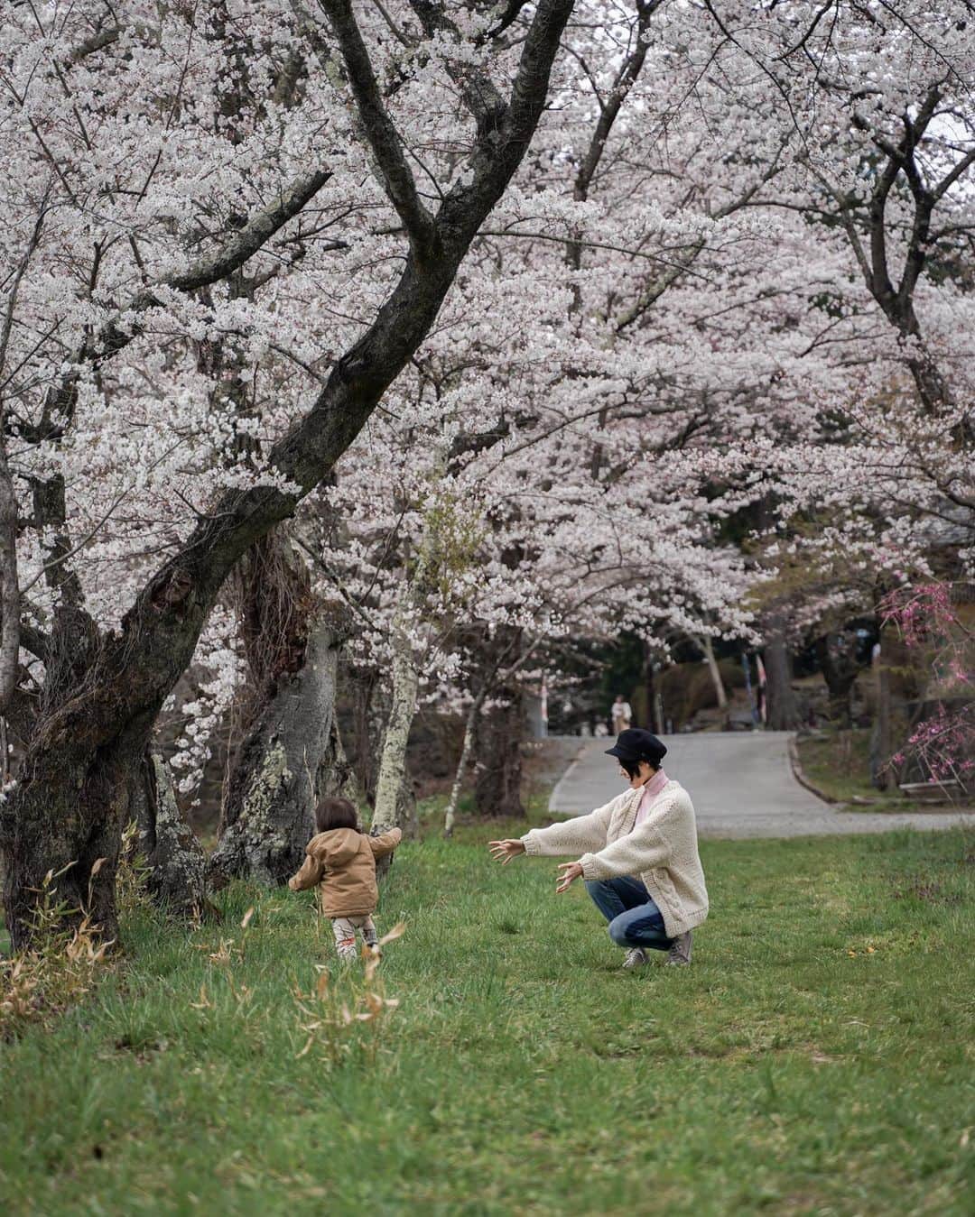 MARIEさんのインスタグラム写真 - (MARIEInstagram)「河口湖は今が桜が見頃でした🌸 ⁡ 病院帰りにちょこっと寄ったから 髪も服も適当だけど記念に。 ⁡ じんたんは興奮してほとんど顔がヤバめ。笑 ⁡ ⁡  #富士御室浅間神社#河口湖#桜スポット#お花見#お花見コーデ#1歳男の子#1歳男の子ママ#ファッションモデル#モデル#ママモデル」4月6日 20時26分 - marie.328