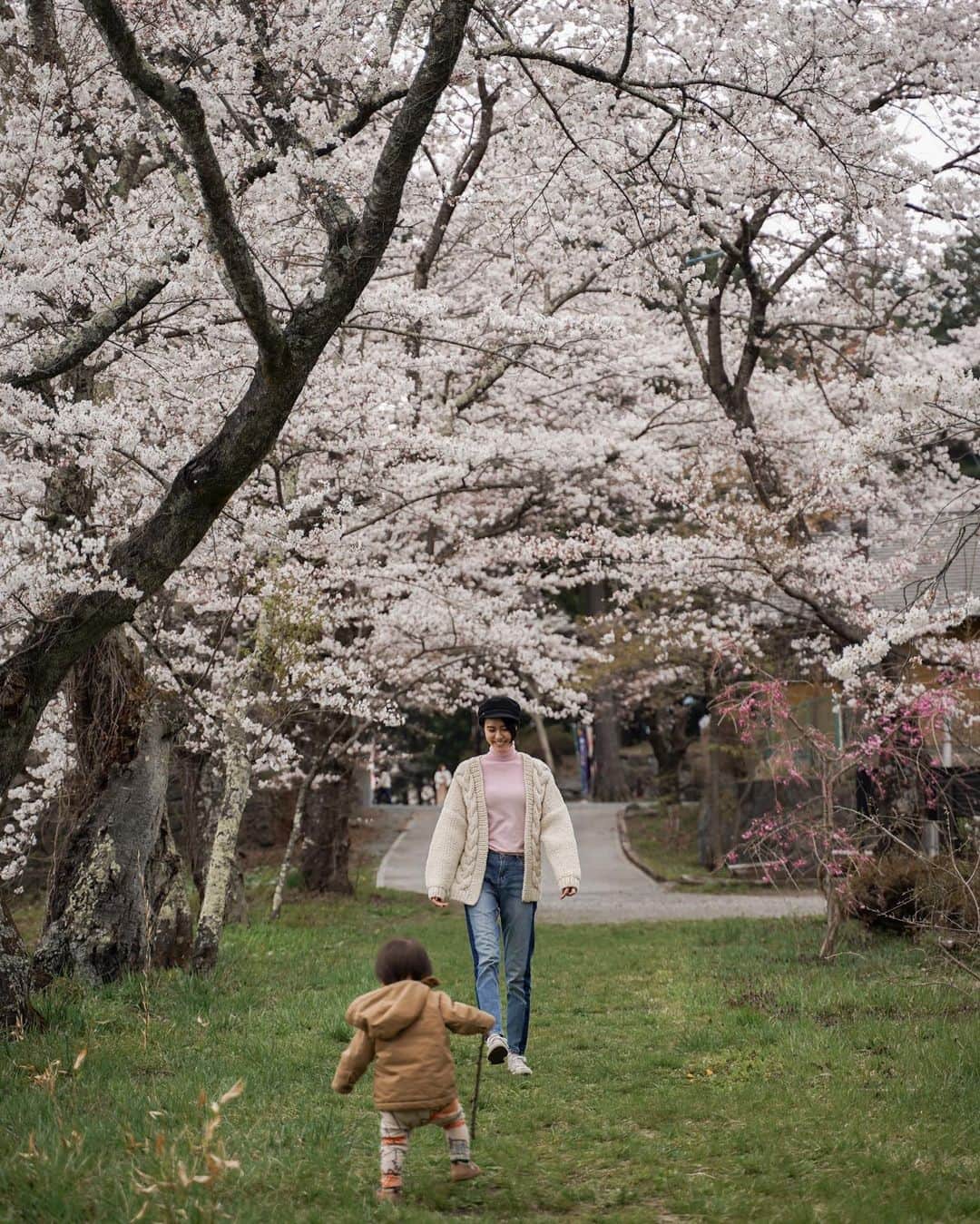 MARIEのインスタグラム：「河口湖は今が桜が見頃でした🌸 ⁡ 病院帰りにちょこっと寄ったから 髪も服も適当だけど記念に。 ⁡ じんたんは興奮してほとんど顔がヤバめ。笑 ⁡ ⁡  #富士御室浅間神社#河口湖#桜スポット#お花見#お花見コーデ#1歳男の子#1歳男の子ママ#ファッションモデル#モデル#ママモデル」