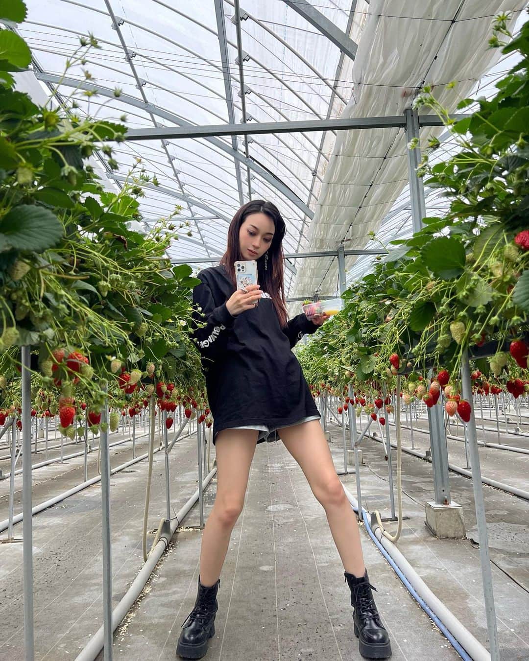 優姫ゆいなのインスタグラム：「. 人生初ののいちご狩り🍓 30個たべたぜッ！！ .  今日着てる服はパブリック・イメージ・リミテッドとMEDISTOREのコラボ🖤 セックス・ピストルズが好きな人にはたまらないよね！ 👖@medistore_apparel  💍@medistore_official  . .  #東京#新宿#歌舞伎町#名古屋#栄#錦#錦三丁目#岐阜#多治見#ファッション#ピアス#ピアス女子#medistore #MS_Ambassador」