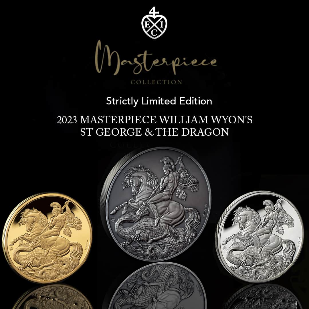 The East India Companyのインスタグラム：「William Wyon's Masterpiece St George & the Dragon 🪙  Wyon’s interpretation of a numismatic classic available now in this new ‘Masterpiece’ collection ofstrictly limited edition 1oz gold, 1oz silver and silver antique kilo proof coins.  Available for pre-order now.  #theeastindiacompany #williamwyon #saintgeorge #stgeorgeandthedragon #proofcoin #coin #silver #coins #numismatics #coincollecting #numismatist #silvercoins #proofcoins #proof #numismatic #goldcoin #coincollector #rarecoins #gold #bullion #goldbullion」