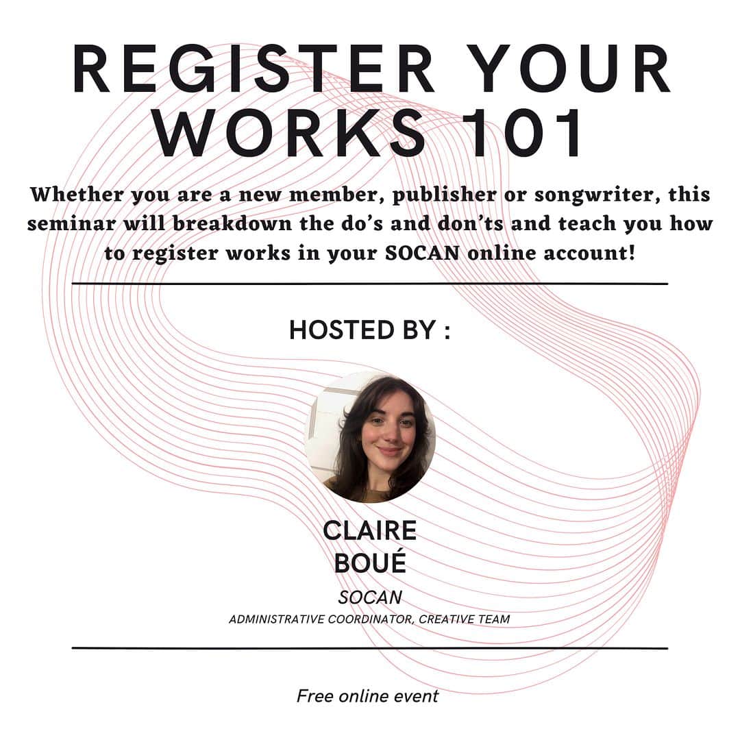 SOCANのインスタグラム：「Our next SOCAN 101 is April 19th and will be focused on how to register your songs/works! Sign up in our link in bio」