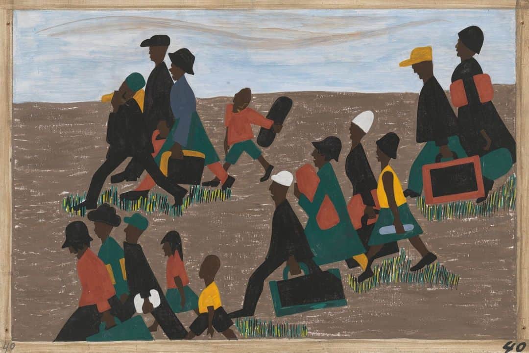 ニューヨーク近代美術館のインスタグラム：「For several decades, beginning during World War I, millions of Black Americans left the southern United States for the north, midwest, and west—a mass exodus known as the Great Migration. A child of migrants, Jacob Lawrence grew up in Harlem, where he set out from an early age to make art that addressed Black histories. “This is my genre...the happiness, tragedies, and the sorrows of mankind,” Lawrence stated. In 1940 he embarked on the Migration Series: 60 paintings featuring bold colors, pared-down forms, and narrative captions.  A peer of Lawrence’s, Elizabeth Catlett went to the 1941 premiere of the Migration Series at New York’s Downtown Gallery and was inspired by what she saw. Six years later, she completed The Black Woman, a series of prints that chronicles the oppression and resilience of subjects such as field laborers, domestic workers, historic abolitionists, and civil rights activists. Narrative captions written in the first person relate Catlett’s experience to that of the women she depicts.  → See Gallery 520: Jacob Lawrence and Elizabeth Catlett, a new Collection Exhibition opening tomorrow at UNIQLO NYC Nights. → To celebrate the opening of this gallery, we’ve assembled a rich group of features on both Lawrence and Catlett, from podcasts to videos to walking tours to audio for kids. Explore them all on #MoMAMagazine, link in bio.  — [1] Jacob Lawrence. “The migrants arrived in great numbers (panel 40 of 60).” 1940–41. Gift of Mrs. David M. Levy. © 2023 Jacob Lawrence / Artists Rights Society (ARS), New York [2] Elizabeth Catlett. “There Are Bars between Me and the Rest of the Land from the series The Black Woman.” 1946, printed 1989. Acquired through the generosity of Erin and Peter Hess Friedland, and Modern Women's Fund. © 2023 Elizabeth Catlett / Artists Rights Society (ARS), New York」