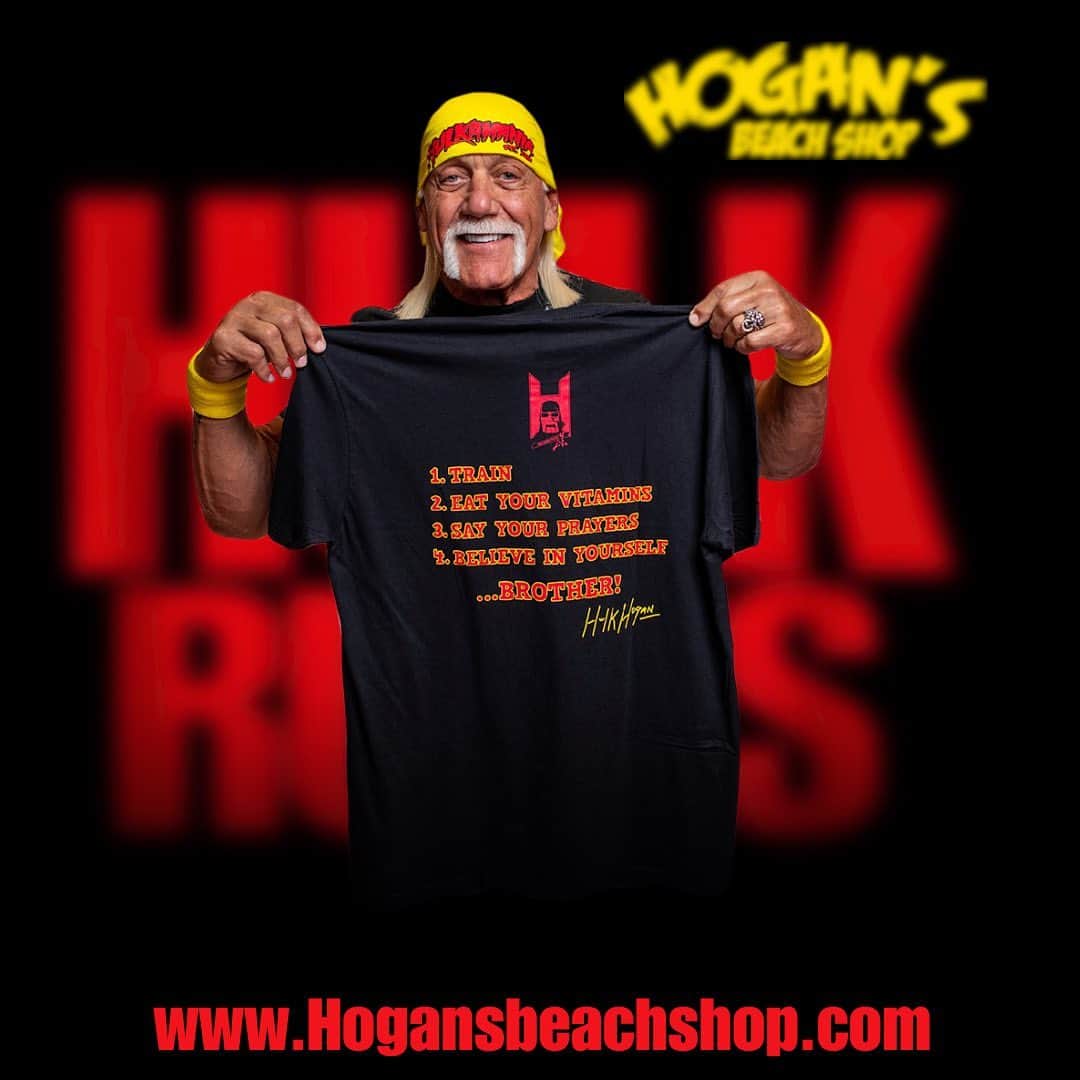 ハルク・ホーガンのインスタグラム：「Hulks Rules💪 1.Train 2.Eat Your Vitamins 3.Say Your Prayers 4.Believe In Yourself ….BROTHER  T-Shirt Available Online Or in Store❗️  🌐Link: https://hogansbeachshop.com/products/black-hulks-rules-shirt」