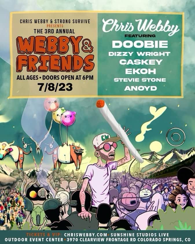 クリス・ウェビーのインスタグラム：「🚨 COLORADO SPRINGS 🚨  The 3rd Annual Webby & Friends show (honestly it’s more of a festival at this point) is jam packed with a CRAZY lineup for an outdoor celebration of epic proportions..  7/8 it’s going down.. get your tickets, roll up & catch a vibe 🔥🕸」