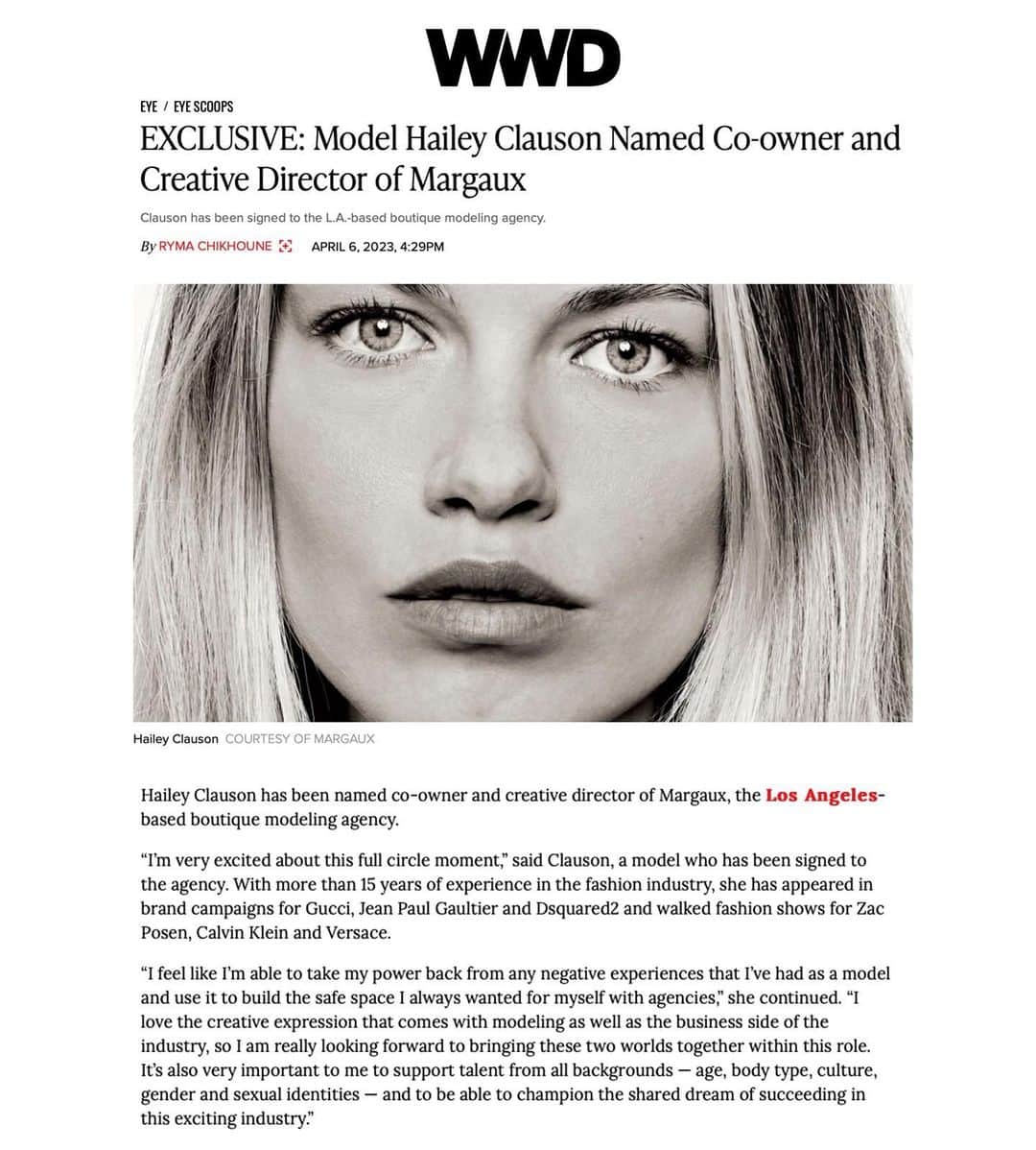 ヘイリー・クラウソンのインスタグラム：「I am proud to finally announce that I am a co-owner and creative director of @margauxtheagency in addition to being represented as a model by Margaux. I am so excited for the future of the company and the changes we hope to make in the fashion industry. Check out the link in my bio to read the article and to learn more about what we are doing! @wwd」