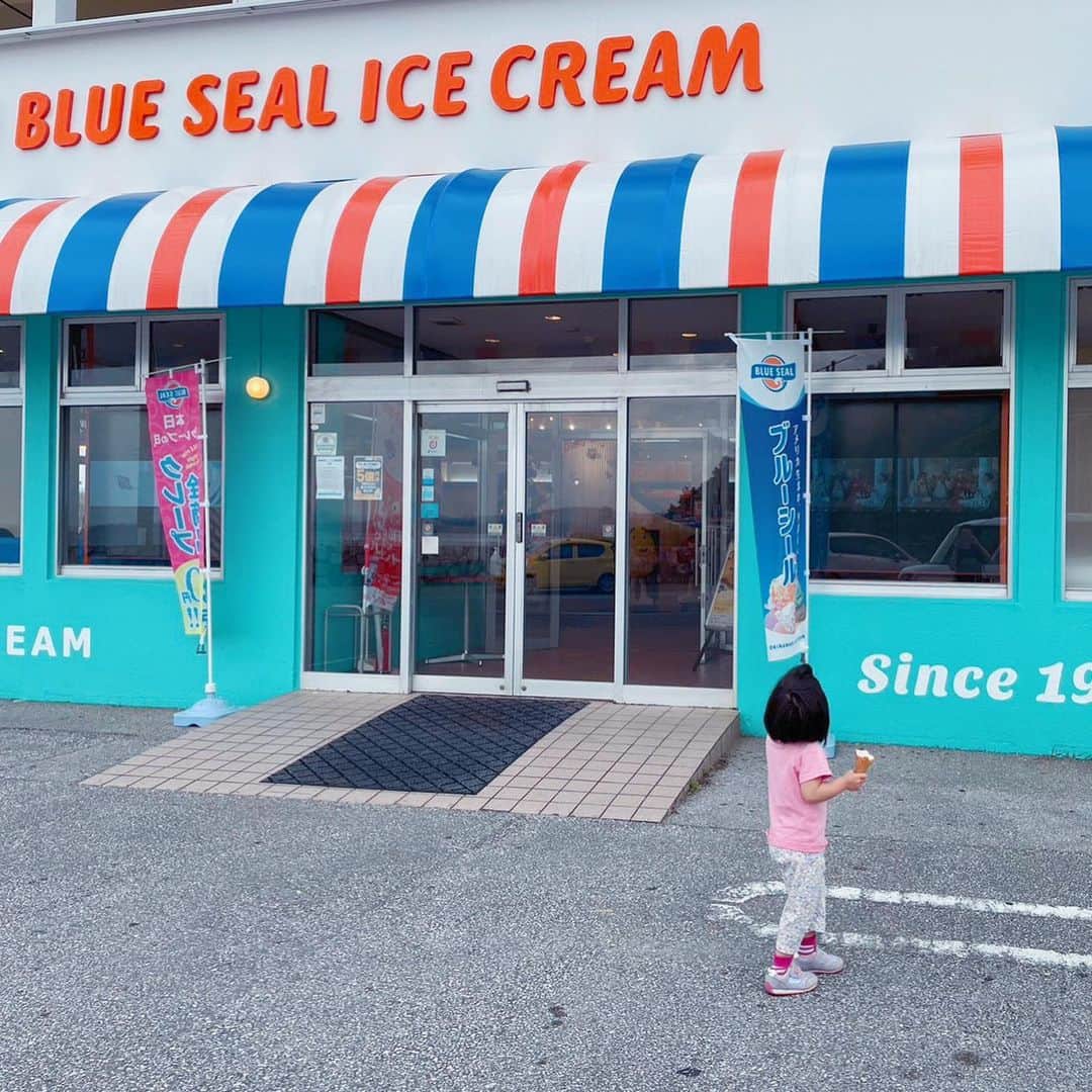 いわさきふきこ さんのインスタグラム写真 - (いわさきふきこ Instagram)「🇺🇸沖縄2日目🇺🇸 ブルーシールアイス  朝食でもアイスを食べたのに、ブルーシールの看板や旗を見つけると「あいしゅ！あいしゅ！」と連呼する娘。さすが沖縄。街中アイストラップでいっぱいでした🍦  #令和元年ベビー #令和元年10月生まれ #3歳6ヶ月 #bluesealicecream #ブルーシール #シークヮーサーシャーベット #時差投稿 #親子三世代旅行」4月7日 7時11分 - fukikoiwasaki