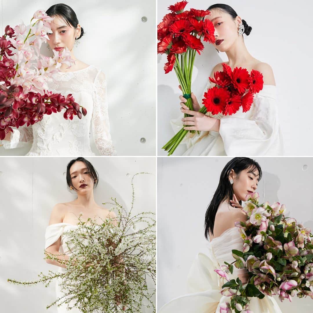 JUNOのインスタグラム：「. Various bouquets  ヨーロッパでのプロポーズで 愛する人のために道中で摘んだ花を束ね、 渡したことが由来の一つと言われているブーケ。  そのほかにも同じく中世ヨーロッパで ハーブがもつ効能やパワーから 厄除けや虫除けとして・ 持つ人が悪いものから身を守るお守りとして 考えられていたとも言われています。  ガーベラ シンビジウム クリスマスローズ ユキヤナギ チューリップなど  多様で唯一無二の 生き生きとした花々が与えてくれるパワーを受けて より一層自分らしく美しく 輝いていただけますように🌿  Special thanks. Flower @exflowershop」
