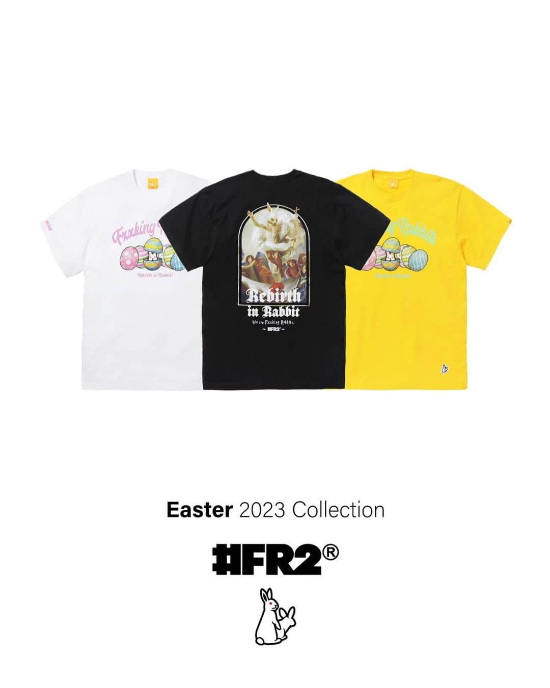 #FR2さんのインスタグラム写真 - (#FR2Instagram)「#FR2 Spring 23 collection🐇🐇🔥  "Easter2023"  We will be selling the following products starting on 2023/4/8 (Sat).  2023/4/8(Sat)より下記の商品を発売します。  Rebirth in Rabbit T-shirt ¥7,700 (In Tax)  Hide and Seek T-shirt ¥7,700 (In Tax)  We ship world wide.  #FR2#fxxkingrabbits#頭狂色情兎」4月7日 20時36分 - fxxkingrabbits