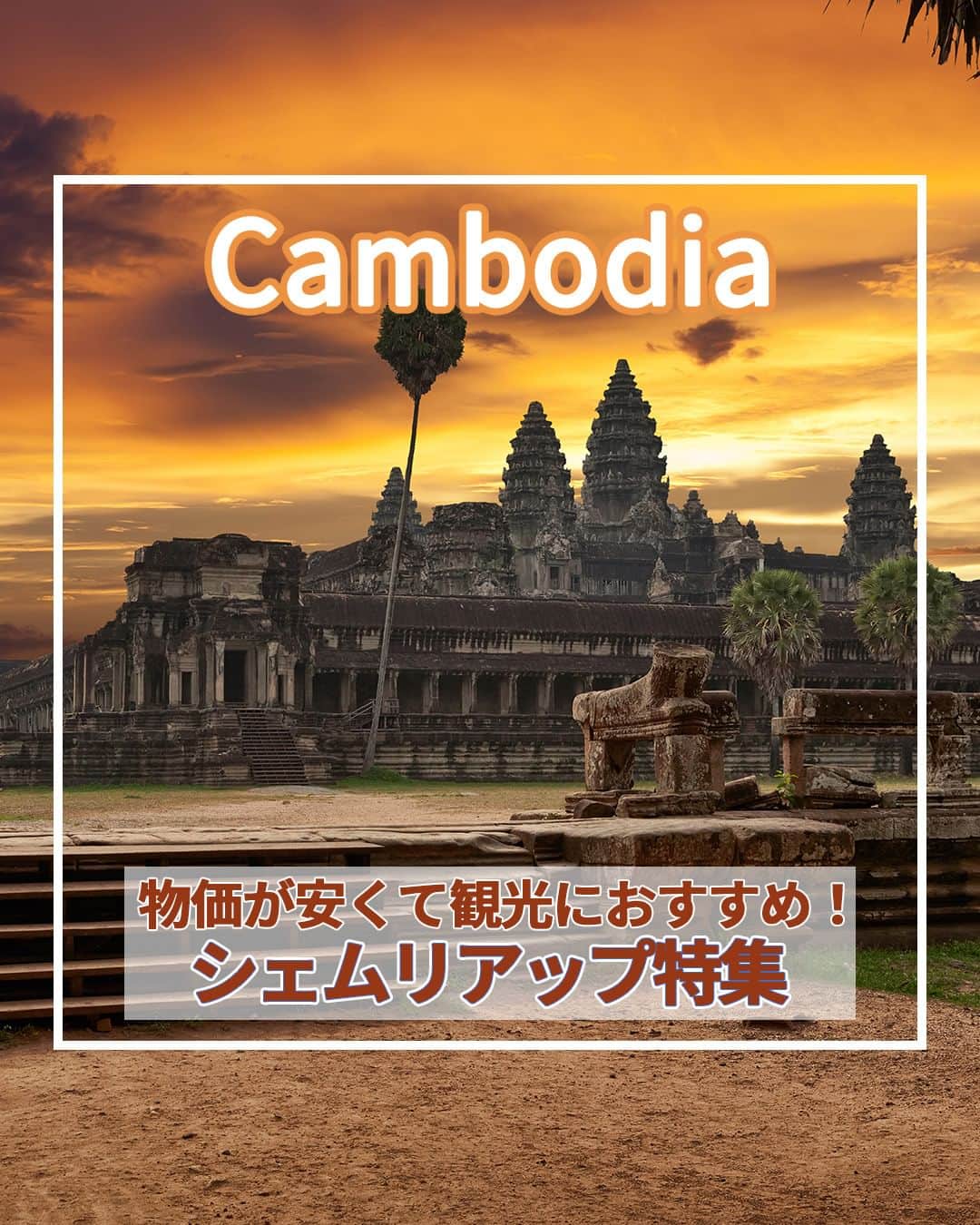旅工房公式さんのインスタグラム写真 - (旅工房公式Instagram)「＼一度は行きたい魅惑の世界遺産／ #カンボジア #シェムリアップ  こんにちは！☺ 今回はアンコールワットをはじめとした世界遺産が多くあり見どころ満載、かつ物価が安くて観光におすすめなシェムリアップを紹介します！ 一度は見たことのある有名観光スポットから人気グルメまでまとめてあります♪  旅行先の参考にぜひしてみてください＼(^o^)／ 💚  ━━━━━━━━━━━━━━━  ▽お写真ありがとうございます❣  📍タ・プローム アンコール遺跡群の中の1つタ・プローム！ 巨大なガジュマルと絡み合う遺跡の姿は自然の偉大さを感じられます。 このガジュマルは樹齢300年にもなると言われ、現在も成長し続けています。  📍アンコール・ワット 12世紀に建てられた、ヒンドゥー教寺院のアンコール・ワット！ 日の出と日没は必ず見たい美しさ！ 日の出と日没の時間は時期によって違うので、しっかりとチェックして計画を立てていくのがおすすめです◎  📍アンコール・トム アンコール遺跡群のなかでも特に大きなアンコール・トム。 城壁で囲まれた巨大な都市の遺跡です。中にはバイヨンじいや王宮の跡地など、見どころがたくさん！アンコール・ワットから近いのでぜひ併せて見学を！  📍トンレサップ湖 シェムリアップの南に位置するインドシナ半島最大の湖。 岸に近い場所では高床式の家が建ち並ぶ水上集落が多く見られます。 自然と人々の伝統の暮らし両方を観光できる必見スポットです◎  📍 Khmer Kitchen @m.travelh0lic_a さん オールドマーケットのすぐ近くにある人気レストラン！ カンボジアの郷土料理クメール料理が食べられます。マイルドな味付けが多い、日本人にも人気◎ メニューの種類は多数！リーズナブルなお値段なのが嬉しいポイント♪  📍 BROWN Coffee and Bakery @hi._.miio さん カンボジアでチェーン展開をしているカフェ！ 緑の多い落ち着いた内装と静かな雰囲気が人気の理由。 コーヒーだけではなく暑いカンボジアにぴったりなスムージーなども飲めますよ♪  この記事を読んで、ぜひ次回の海外旅行の参考にしてみて下さい＼(^o^)／💛  #旅工房 #カンボジア女子旅 #カンボジア旅行 #シェムリアップ旅行 #アンコールワット #アンコール遺跡群 #アンコールトム #タプローム #トンレサップ湖 #カンボジアグルメ #カンボジアカフェ #シェムリアップグルメ #khmerkitchen #クメールキッチン #クメール料理 #カンボジア料理 #BROWNCoffeeandBakery #海外旅行 #旅行好きな人と繋がりたい #海外旅行準備 #旅好き女子 #海外旅行行きたい #海外旅行計画 #旅スタグラム #海外一人旅 #旅の記録」4月7日 12時04分 - tabikobo