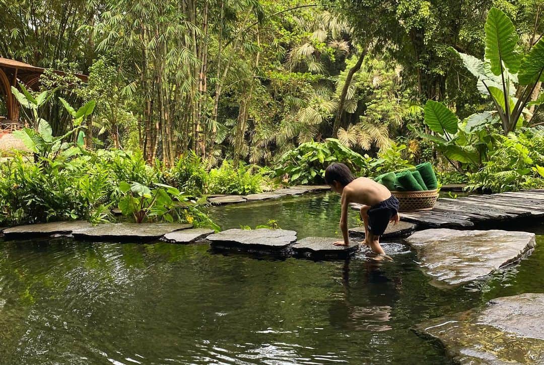 前田有紀さんのインスタグラム写真 - (前田有紀Instagram)「バリ島在住のカナダ人のアーティスト、ジョン・ハーディーと、デザインチームIbuku @ibukubali の建築との出会いは、バリ島の滞在をより記憶を色濃いものにしてくれました。  Bambo indah @bambuindah は、敷地内に自然を装う植栽が植えられているのではなく、手付かずの渓谷の中に寄り添うように建築が存在してる唯一無二のホテル。竹でできた木の上のツリーハウスは圧巻です。  "At Bambo indah, the jungle is not around you,  rather you are the midst of the jungle."  自然の中にある醍醐味として、たくさんの昆虫、動物とも出会いました。トイレやシャワーは屋外なので、カエルがピョンと登場したり、びっくりするくらい大きなトカゲもいた🦎  ジョン・ハーディさんが設立した、地元の竹を素材にした住居施設と学校のグリーンスクールとヴィレッジは、世界中から子どもたちが集まり、地球のために活動するリーダーを育んでいます。建設米国グリーン　ビルディングカウンシル（USGBC）により、"Greenest School on Earth=地球上でもっとも緑豊かな学校"に選定されているそう。  こんな施設に出会えたら、想像の力を思い知らされる。あったら素敵だなと憧れてしまうことがあっても私たちはどこか遠いことのように思って、別の毎日を送ってしまう。 想像力と自分を信じる力があればこんな風に実現するんだ。と、気持ちが奮い立った。  #プールは池 #ストローはパパイヤの茎 #bambuindah #バンブーインダー」4月7日 14時08分 - yukimaeda0117