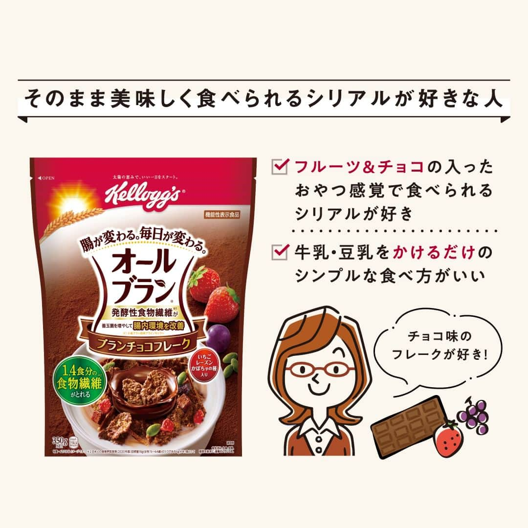 ケロッグ(Kellogg's)公式さんのインスタグラム写真 - (ケロッグ(Kellogg's)公式Instagram)「今日は #お腹と腸活の日 ✨  そんな日にぴったりなのが・・・👇 ＼オールブラン／  #ケロッグ #オールブラン シリーズで #発酵性食餅繊維 をとって #善玉菌 を増やし、#腸内環境 を改善🤩🎶  画像をスワイプしてオールブランシリーズ5種類の特徴をチェック🔎 あなたはどのタイプかぜひコメントで教えてね👀✨  使用しているシリアルはこちら ▶https://amzn.to/3C54nmf」4月7日 17時00分 - kellogg_japan_official