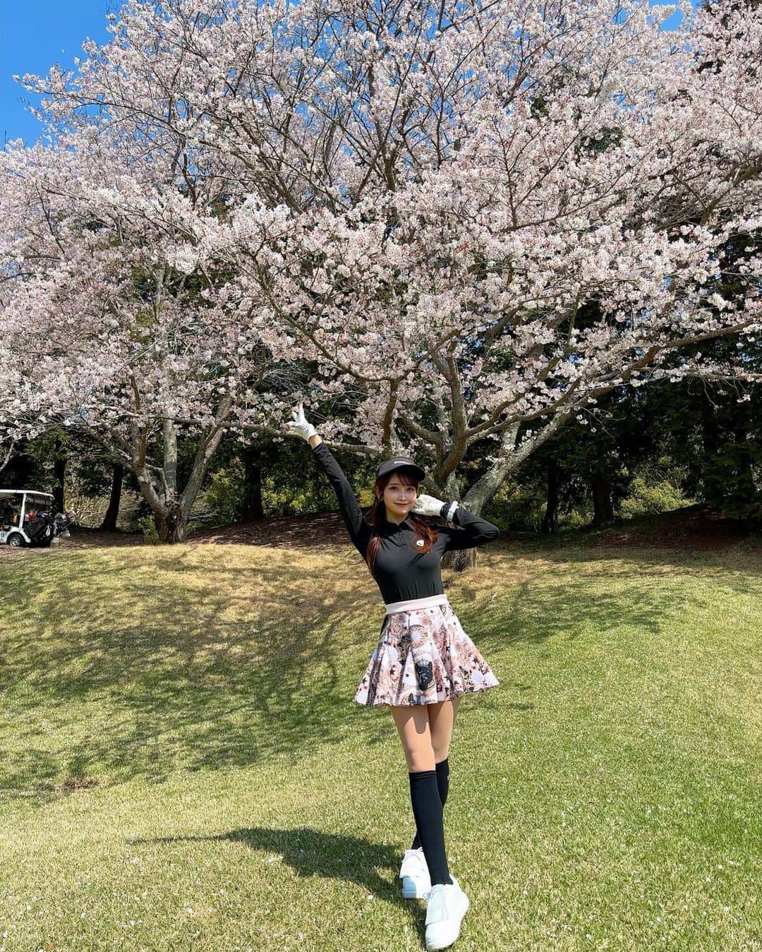 MAYUのインスタグラム：「. おっきい立派な桜の木🌸⛳️ 記念にぱしゃり✌🏻 . 天気も良くて青空と桜と緑の芝のコントラストが綺麗🌸✨ . . シューズどこの？って聞かれるけど @utaagolf のものです🤍 . . #ゴルフ女子#ゴルフ#ゴルフウェア#ゴルフコーデ#ユタゴルフ#桜#golf#golfaddict#golflife#golfstagram#golfclub#golfcourse#golfday#utaagolf#sakura#cherryblossom#cherryblossoms#japan」