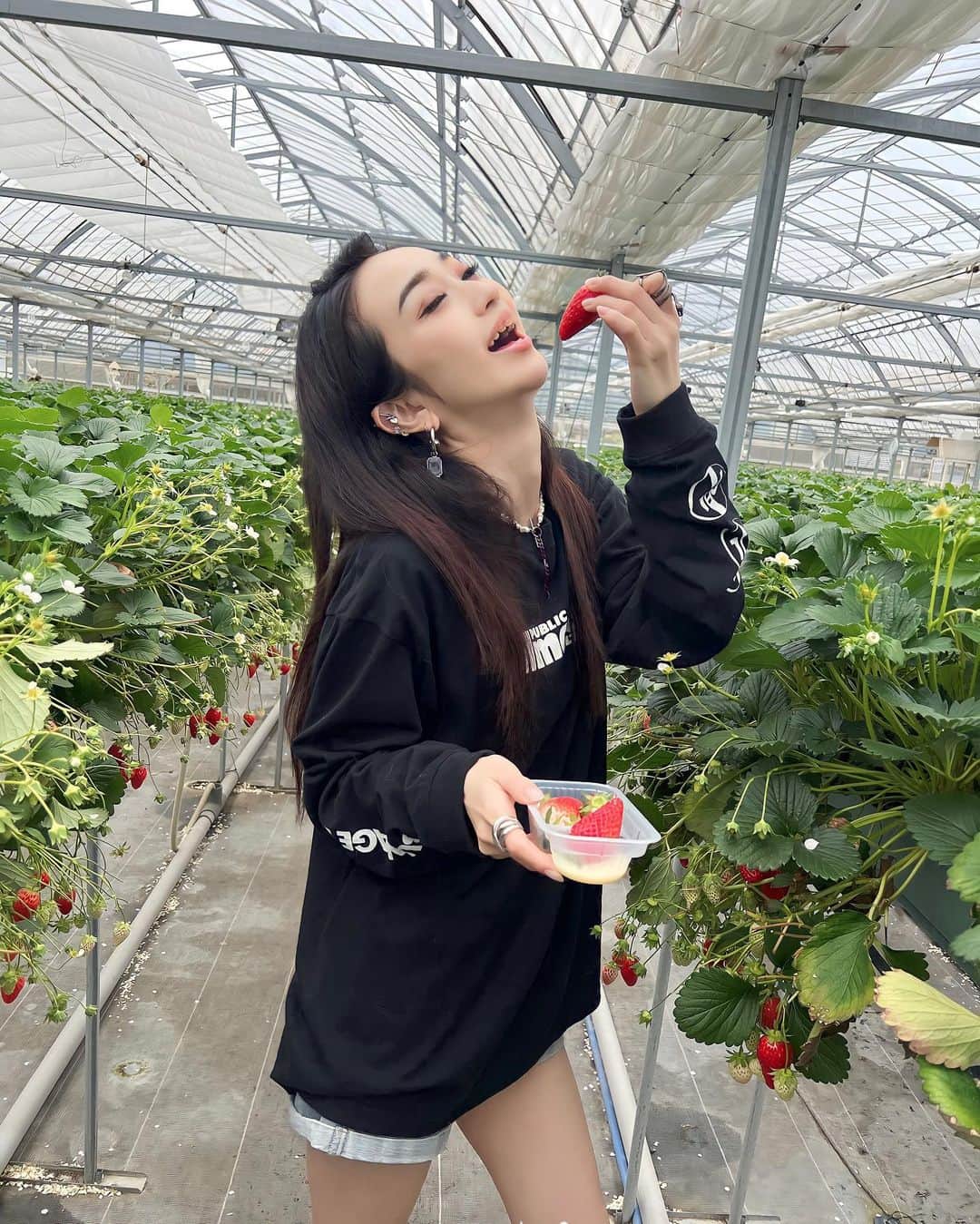 優姫ゆいなのインスタグラム：「. 姉妹でいると涙止まらないくらい爆笑してる🖤 #いちご狩り . apparel @medistore_apparel  accessory @medistore_official  . .  #MS_Ambassador  #東京#新宿#歌舞伎町#名古屋#栄#錦#錦三丁目#岐阜#多治見#ファッション#medistore#ピアス#ピアス女子#アクセサリー」