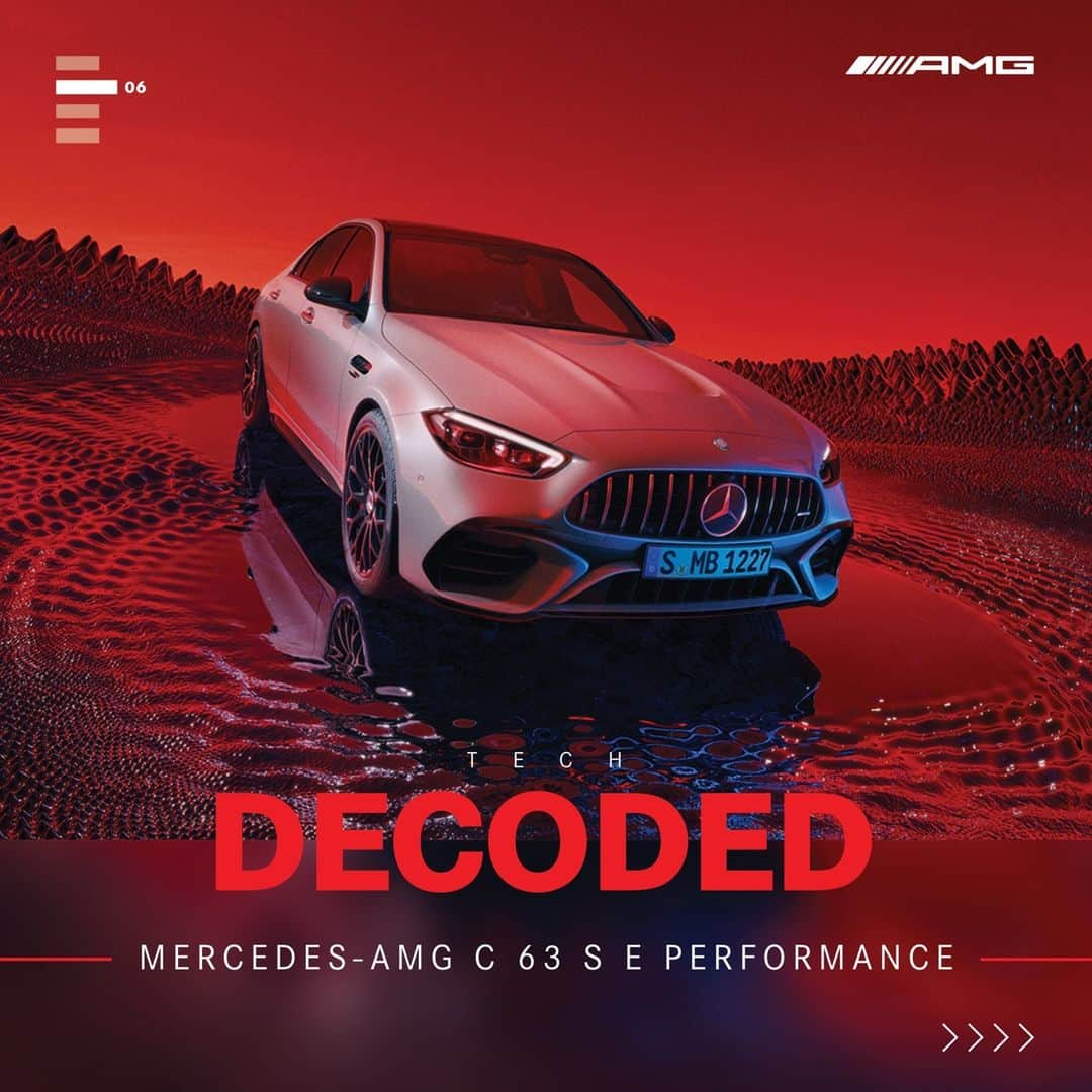 Mercedes AMGのインスタグラム：「This is what hybrid innovation looks like. The revolutionary Mercedes-AMG C 63 S E PERFORMANCE impresses with a combined system output of 500 kW (680 hp) and a combined maximum system torque of 1020 Nm.   Leveraging know-how from Formula 1, this game changer is our first performance hybrid with a powerful four-cylinder engine. In addition, its 2.0-litre R4 engine is also the world’s first series-production engine to be turbocharged by an electric exhaust gas turbocharger. This provides increased efficiency, better driving dynamics and particularly spontaneous response across the entire rev range. Always going the extra mile, we’ve also included rear axle steering, all-wheel drive, and Drift Mode to make your heart race even more.  #MercedesAMG #AMG #TechDecoded #C63S #EPERFORMANCE #HerestotheHeart #HybridPower  [Mercedes-AMG C 63 S E PERFORMANCE | WLTP: Kraftstoffverbrauch kombiniert: 6,9 l/100 km | CO₂-Emissionen kombiniert: 156 g/km | Stromverbrauch kombiniert: 11,7 kWh/100 km | amg4.me/DAT-Leitfaden-electric]」