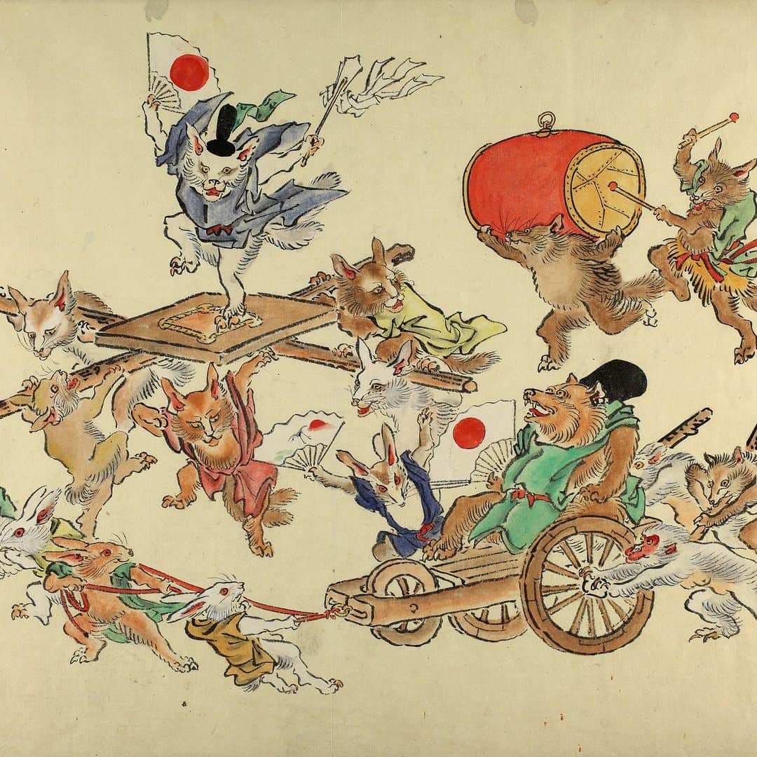 大英博物館のインスタグラム：「Japanese party animals by a Japanese party animal 🐰🎉  These playful creatures are the work of Kawanabe Kyōsai, a Japanese artist famed for his witty and irreverent style. Kyōsai loved creating ‘sekiga’ artworks – impromptu pictures produced at riotous calligraphy parties called ‘shogakai’.  One sake-drenched ‘shogakai’ led to Kyosai being arrested for creating art which insulted the authorities. The exact nature of the charge remains a mystery – he was too drunk to remember the image in question 🍻  Though seemingly innocuous, Kyosai’s works illustrate the tensions Japan was experiencing as two centuries of isolation were shattered by arrival of foreigners bringing cannons and treaties along with new ideas and customs like the top hat.  Witty and imaginative, the party animals that populate Kyosai’s creations were also a way to satirise these changes while retaining an air of plausible deniability.  These comical creatures will be on show alongside over 60 other pieces in a new display celebrating summer festivals ☀🎊  🏛 You can see Japanese Summer festivals in Rooms 92–94, The Mitsubishi Corporation Japanese Galleries, until November 2023.  🔎 Kawanabe Kyosai (1831–1889), ‘Animals travestying a festival procession’. Ink and colour on paper, Japan, 1879.   #BritishMuseum #JapaneseArt #Kyosai #Festival」