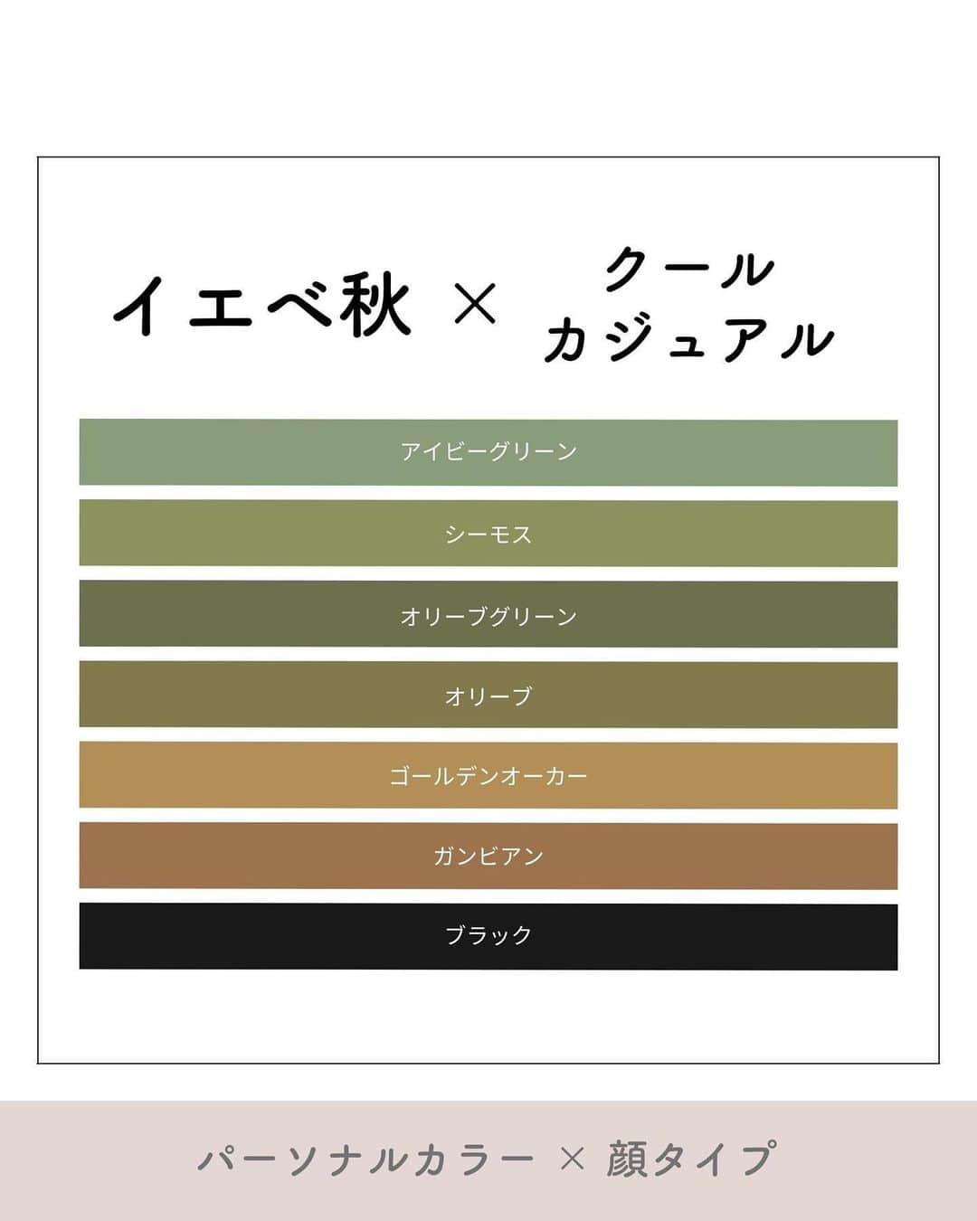 山本裕美さんのインスタグラム写真 - (山本裕美Instagram)「. 診断後のお客様から 色に関しての質問がとても多いので 「パーソナルカラー×顔タイプ」を 私なりにまとめております😊 ⁡ ⁡ ／ イエベ秋(Autumn) 　× 顔タイプクールカジュアル ＼ ⁡ ⁡ カジュアルでスタイリッシュな雰囲気が似合う #顔タイプクールカジュアル さん。 モノトーンなどの格好いい雰囲気が得意ですが、 ⁡ Autumnさんであれば、カーキやブラウンのような 暖かみのあるアースカラーもよく似合います。 ⁡ ナチュラルにしてしまうより、 ブラックを混ぜて格好いい雰囲気にする方が 良さが引き立つ場合も多いので その日の気分やTPOに合わせて 楽しんでくださいね☺️ ⁡ ----- ⁡ ✨人生の節目に一生モノの自分軸を✨ ⁡ 各種診断・講座の詳細は プロフィール欄のURLよりMENUをご覧ください。 @hiromi_yamamoto_mc ⁡ ⁡ ✍️顔タイプ診断®︎や骨格診断ができる プロ養成講座も開講中✨ ⁡ 【顔タイプ診断１級 認定講座】 2023年4/16(日) 10:00〜17:00 2023年4/23(日) 10:00〜17:00 の2日間 or 2023年5/15(月) 10:00〜17:00 2023年 5/16(火) 10:00〜17:00 ⁡ ⁡ 【パーソナル骨格診断 認定講座】 2023年 5/27(土) 10:00〜17:00 2023年 5/28(日) 10:00〜17:00  の2日間 ⁡ お申し込み・お問い合わせはお気軽にDMくださいね☺️📩 ⁡ ⁡ ------------------- #イエベ #イエベ秋 #顔タイプ診断　 #パーソナルカラーオータム #イエベメイク #パーソナルカラー診断大阪 #顔タイプ #パーソナルカラーネイル  #パーソナルカラーAutumn #イエベ秋 #ウォームオータム #ディープオータム #顔タイプ診断大阪  #イエベネイル #顔タイプクールカジュアル #パーソナルカラー秋 #16タイプパーソナルカラー診断大阪 #顔タイプ診断クールカジュアル #パーソナルカラー診断心斎橋　 #顔タイプ診断心斎橋　 ⁡ ⁡」4月7日 21時27分 - hiromi_yamamoto_mc