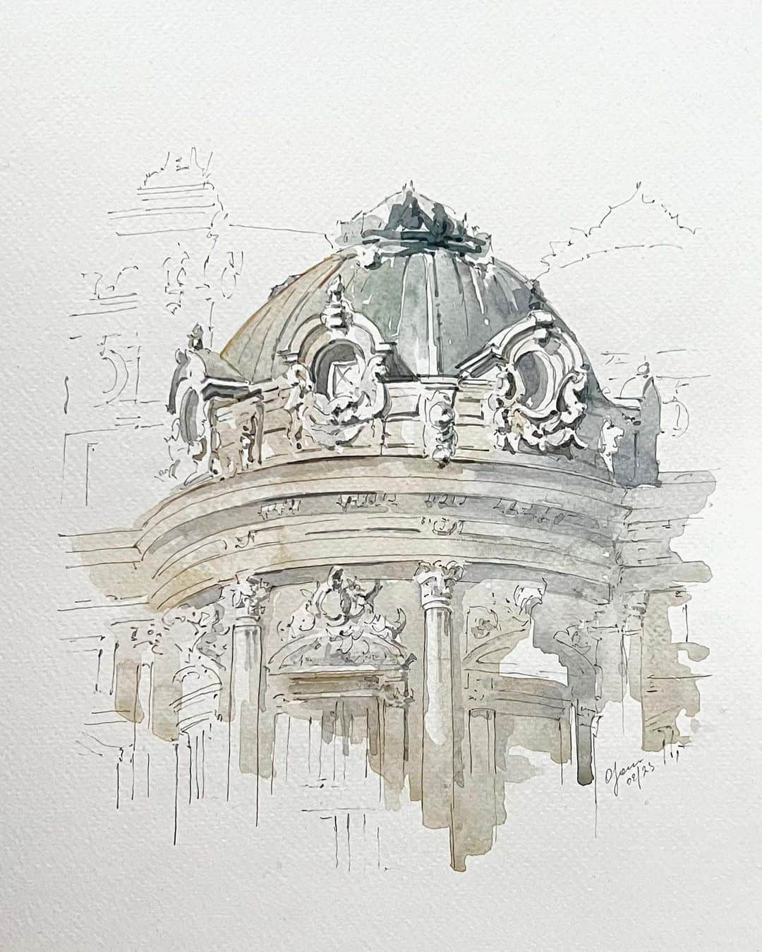 PSNYのインスタグラム：「Watercolor sketch of the Opéra Garnier in Paris」