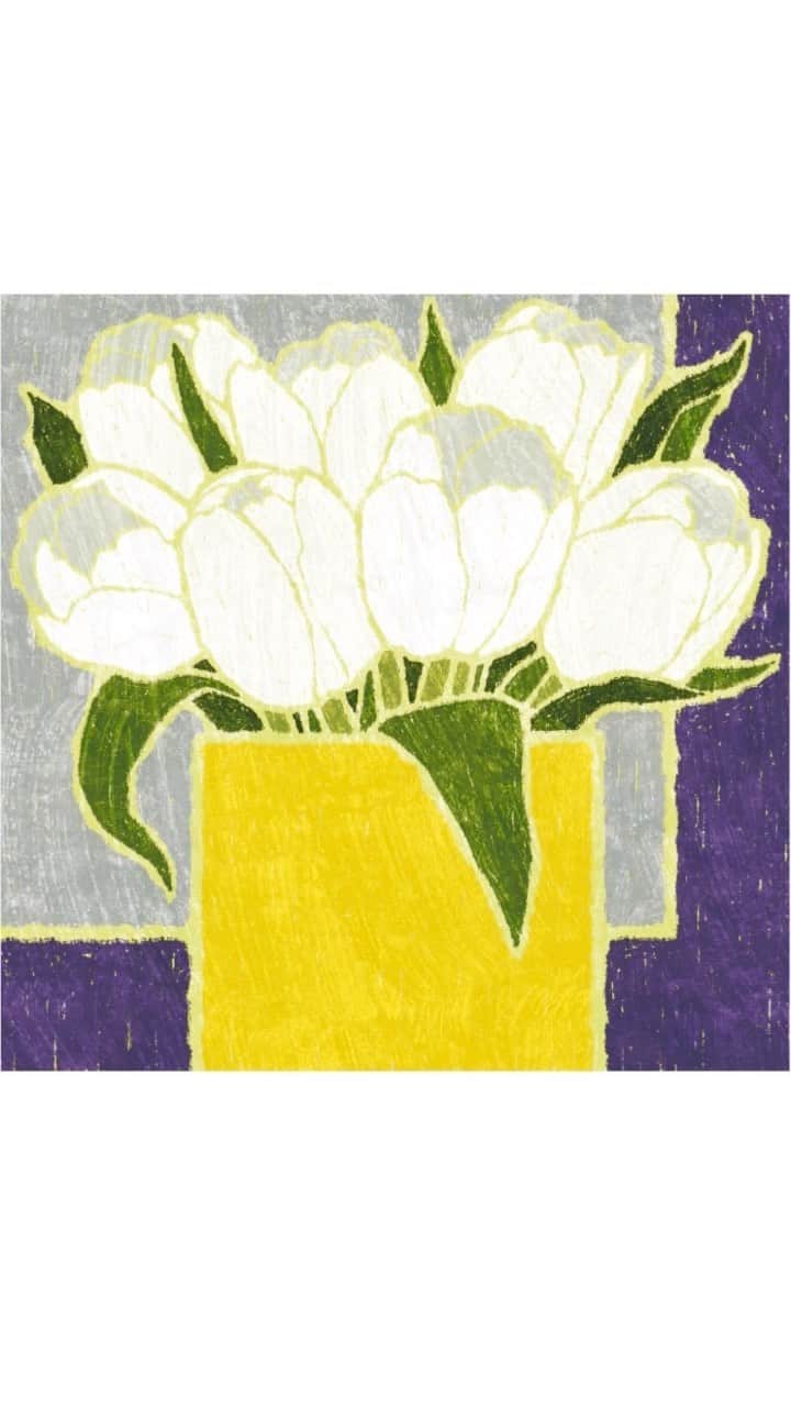 藤谷壮仁郎のインスタグラム：「「 四角の花瓶と白いチューリップ」 ・ ・ ・ ・ @soujirou_art  #自然 #植物 #チューリップ #花瓶 #花 #藤谷壮仁郎 #イラスト #絵画 #壁掛け #インテリア #壁掛けインテリア #nature #plant #tulip #flower #flowering #soujirou #art #artist #painter #painting #picture #ornament #illustration #flowerart #instaart」