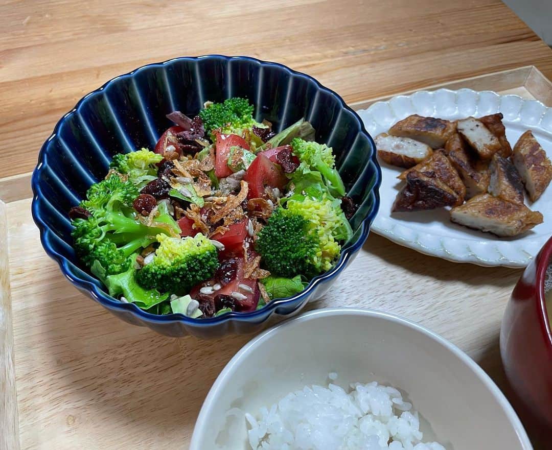 馬渕史香のインスタグラム：「@kanekokohyo さんから届いたぎやまん陶、実はかなりの頻度で食卓に登場しています🤭  まずは、ぎやまん陶でもりもりサラダ🥗 　 　 この日は、仕事で疲れてしかも主人は仕事やったで、正直料理するのめんどうだなー けど、野菜は食べたいんだよなー って日でした😕  めんどうだな感はサラダの隣の #リンカココ に盛り付けられたはんぺん（さつま揚げ）を切ってトースターで焼いただけのおかずを見ていただければわかってもらえるはず、、、😂  ※さつま揚げは岐阜でははんぺんと呼びます 　 　 ぱぱっと盛っただけなのに、なんかいい感じ✨  ちょっと洒落っ気出して、ひまわりの種とクランベリーもかけちゃったよね🤭  ちなみにフライドオニオンはKALDIで売ってるのが1番好き🧅 なくなっちゃったから買ってこないとっ  -----  ぎやまん陶 深丸鉢 大 茄子紺ブルー  サイズ：直径16×高さ8cm  食洗機OK 温める程度の電子レンジOK  -----  #カネコ小兵 #カネコ小兵製陶所 #kanekokohyo #カネコ小兵公式アンバザー #ぎやまん陶  　 #丁寧なずぼら #ずぼらだけど丁寧に暮らす   #あしざわ家 #ずぼら主婦」
