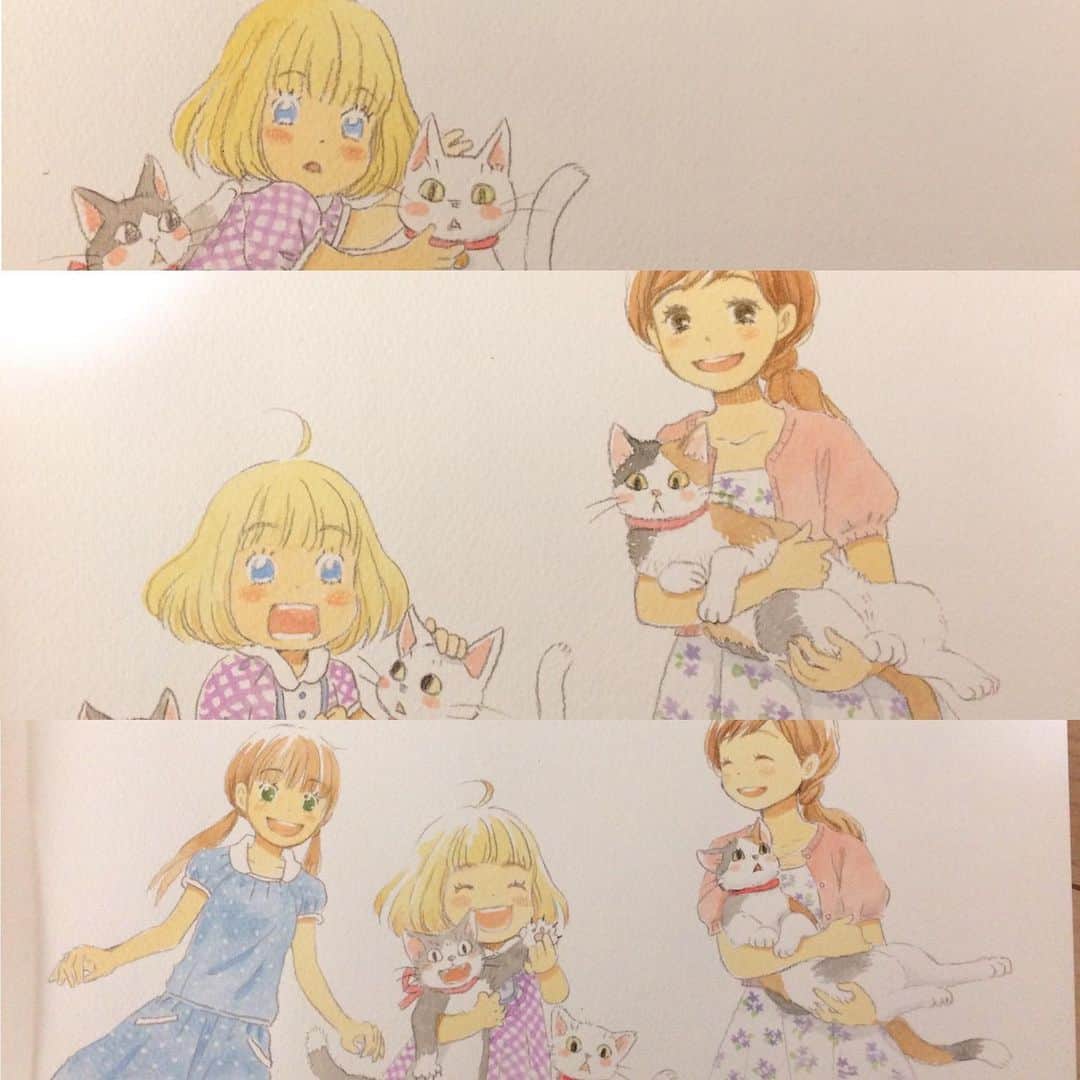 のインスタグラム：「懐かしい水彩画です🌸🌸🌈 モモちゃんとあかりさんと ひなちゃんが 歩いてくる桐山くんに気付いて 「わぁ😆🌸れいちゃんだ！」って言っているところをイメージして描きました🌸🌸🌈🌈🐣  #3月のライオン  #羽海野チカ #chicaumino  #水彩画 #watercolor」