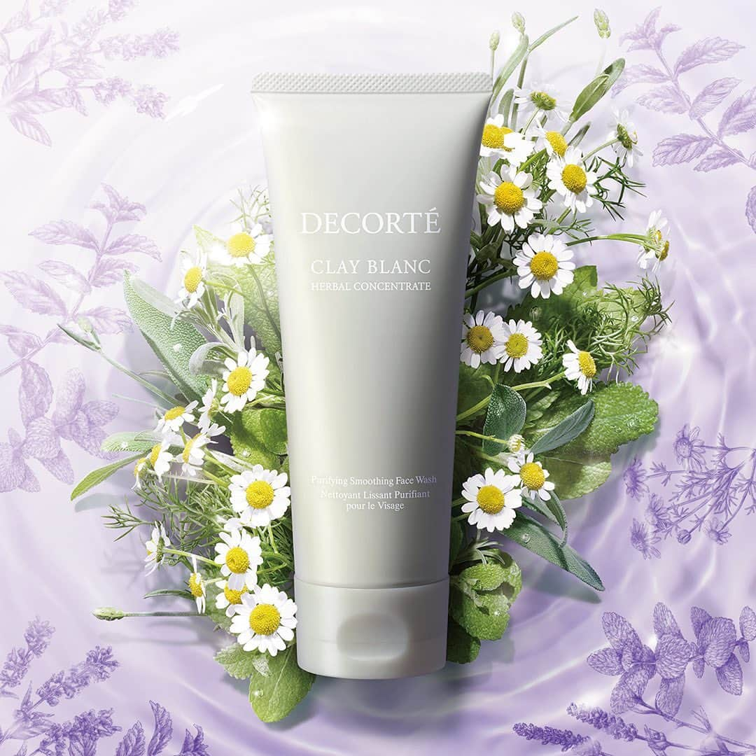 DECORTÉのインスタグラム：「Our NEW Clay Blanc cleanser is formulated with purifying apple mint and white clay to balance the skin and gently remove impurities. The refreshing scent is a blend of essential oils including sage, chamomile and lavender. Available now @saks.」