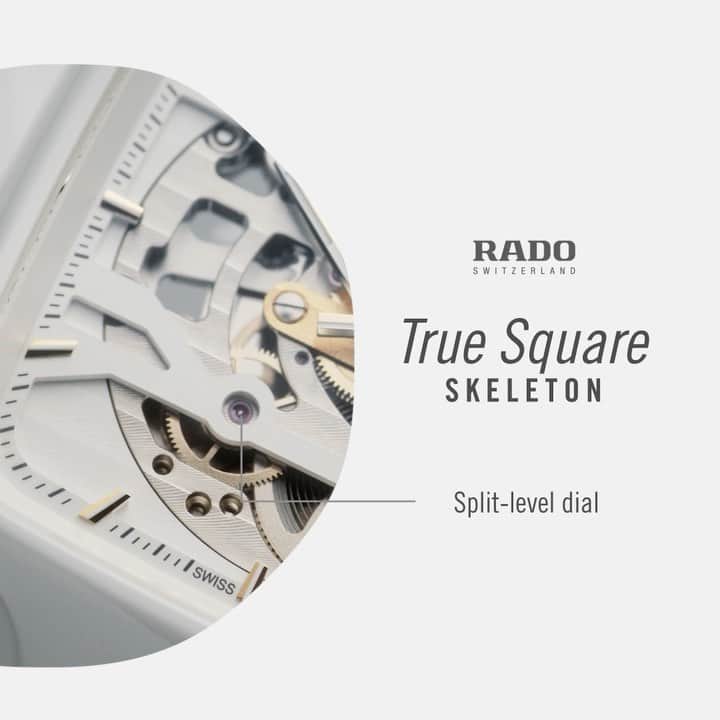ラドーのインスタグラム：「The skeletonised dial of the True Square Skeleton unlocks many secrets. Its parallel horizontal lines and Côtes de Genève decoration highlight geometric harmonies and key movement parts.  #Rado #RadoTrueSquare #CeramicWatch #SquareWatch #SkeletonWatch #Feelit」