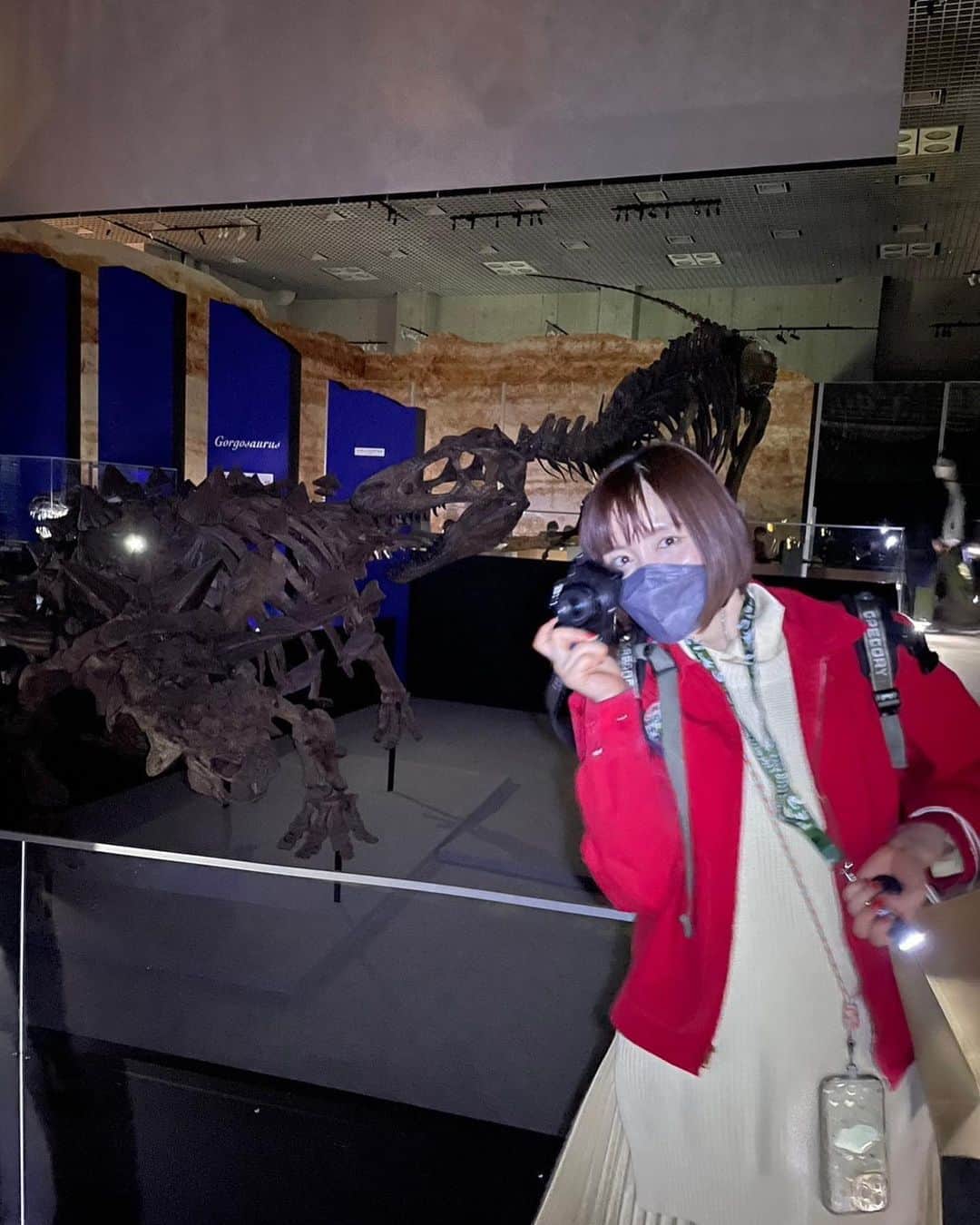 岩井七世のインスタグラム：「恐竜博2023 ナイトミュージアム🦖  持ち物は小さなライト。 閉館後の博物館に忍び込んだかのように静かで薄暗い館内で、色んな角度から明かりを照らして恐竜の骨格をまじまじと見る。光の角度やパーツによって色んな見え方があるな。暗闇に浮かび上がる恐竜たちと私たちは、完全に映画の世界にいた🔦  私は恐竜のなかでも角や鎧の類が特に好きなので、今回の主役とされている“トゲトゲ”恐竜、ズールの展示は最高でした。写真5枚目は暗闇の中でライトが当たったズールのズーム。背中がちゃんとトゲトゲしている。このような生物が実在したことを示してくれる化石。たまんねえ。  あとナイトミュージアムで懐中電灯を当ててみるとなると、やっぱり肉食恐竜のかっこよさも見逃せない🦖ジュラシックパークを連想させる巨大な鉤爪！(2枚目の写真)  そして3枚目の、壁に映る影。 骨とシルエットで見る恐竜、これも昼間は見られない光景でたまんねえ。ここ数年の展示で見かける、影で動く恐竜のマッピングもとても好き。想像力を掻き立てて、生きる姿の面影を感じさせてくれる展示。  そして毎年新しい発見や研究の成果をわかりやすく伝えてくださる考古学者の人々、大人も子供も楽しめるイベントやグッズを企画してくれる人々、恐竜にまつわる皆様ありがとうございます。どこまでも楽しませてくれる！ついて行きます！  ひとまずこちらの恐竜博2023は 昼間の展示もじっくり観たいので 舞台が終わったらまたすぐ。   そして私が出演する舞台『新約東海道四谷怪談』も、面白くなってるのでお楽しみに。2週間後なので誕生日祝いにでも観に来てください。  #恐竜博2023 #恐竜 #ズール  #国立科学博物館 #ジュラシックガール」