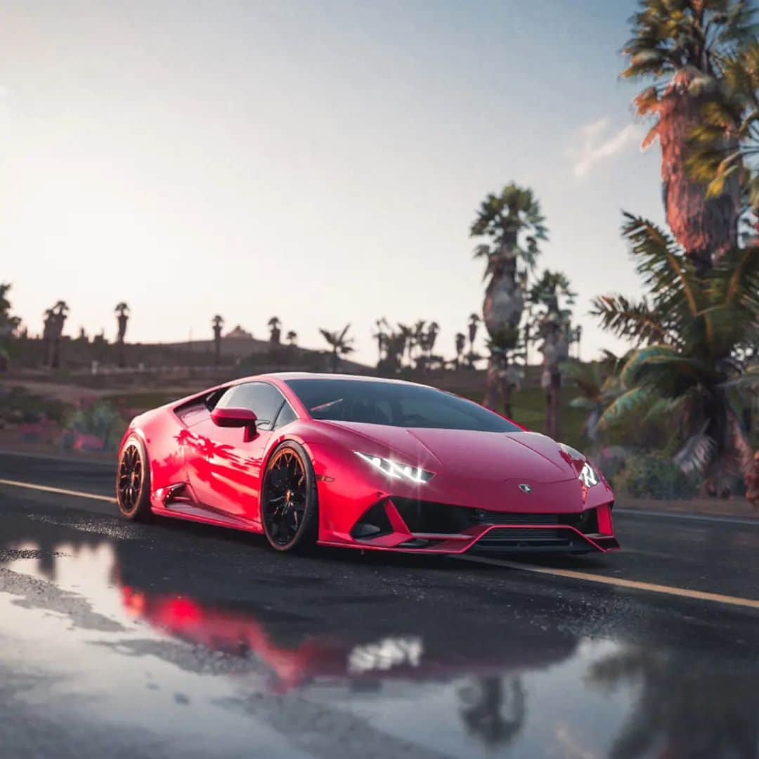 ランボルギーニのインスタグラム：「When driving a Lamborghini is literally part of the game, you can't help but have fun beyond measure.   This is assured by these two inseparable fellow adventurers: @brnt.vp and his Huracán Evo, who showed off all their skills in total freedom.   But now it's your turn: take a pic of the Lamborghini you love to play with in Forza Horizon and share it on Instagram by tagging us.  #Lamborghini #GameReality #ForzaShare  __  Huracán Evo: fuel consumption combined 13.7 l/100km; CO2-emissions combined 332 g/km (WLTP EU27)」