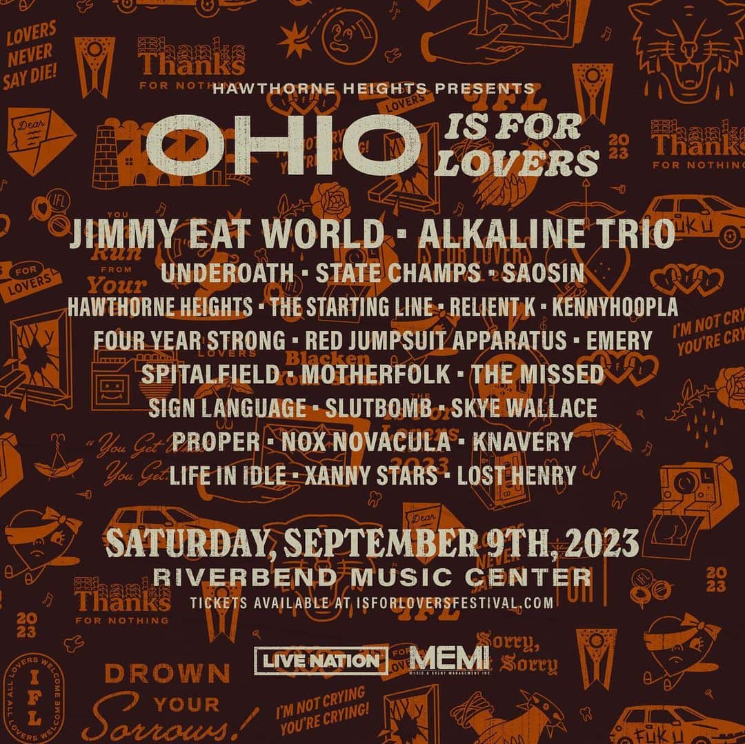 Jimmy Eat Worldのインスタグラム：「Ohio Is For Lovers Festival has been announced for Cincinnati on September 9th! Tickets are on sale TODAY at 3pm ET. Link to tickets in bio. @isforloversfestival」