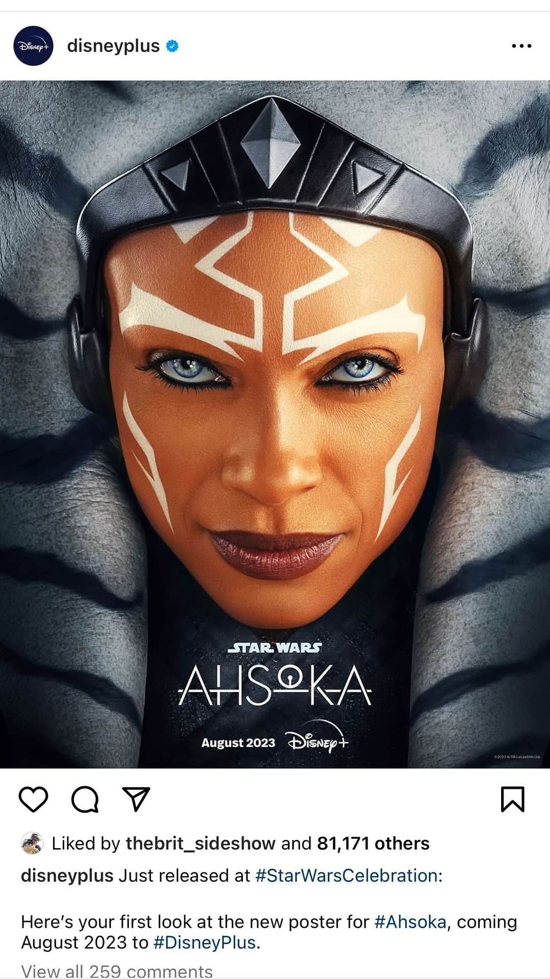ロザリオ・ドーソンのインスタグラム：「Warrior. Outcast. Rebel. Jedi.    #Ahsoka arrives August 2023 on @disneyplus」