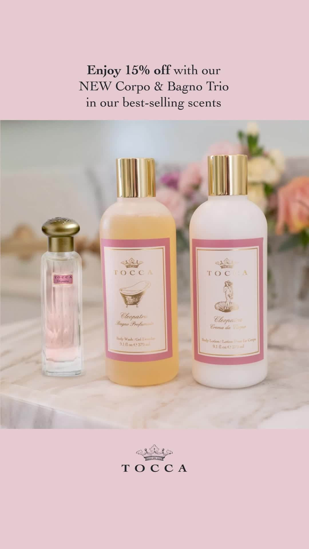 トッカのインスタグラム：「Indulge in a nourishing fragrance ritual with your favorite TOCCA scent. ⁠ ⁠ 🪞 Lather yourself with the rich scents of our body wash.⁠ 🪞 Follow with our enriched body lotion for silky smooth skin.⁠ 🪞 Finish by spraying your favorite TOCCA fine fragrance to your pulse points on your way out the door.⁠ ⁠ Enjoy 15% off with our NEW Corpo & Bagno Trio, bundling an Eau de Parfum, Body Wash, and Body Lotion in our best-selling scents. 🛁⁠ ⁠ #TOCCA #LoveYourself ⁠ _⁠ #TOCCAbeauty #TOCCAperfume #TOCCAFragrance #fragrance #eaudeparfum #perfume #perfumenotes #stella #citrus #pretty #perfumery #finefragrance #timelessbeauty #european #handcraftedbeauty #adventure #flowers #explore #beauty #bathandbody #bodyproducts #promo #sale #save #essentials」