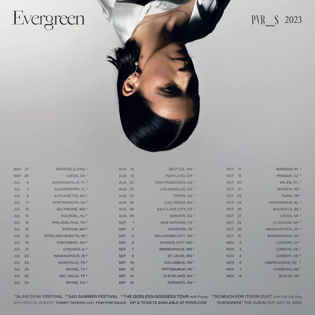 PVRISのインスタグラム：「PVRIS invites you to experience EVERGREEN live in 2023 across North America, the United Kingdom, and Europe. Tickets and limited VIP packages on sale now.  A. May 27-28: Slam Dunk Festival B. July 6-29: Sad Summer Festival C. August 18-September 15: The Godless/Goddess Tour D. October 17-November 8: So Much For (Tour) Dust」