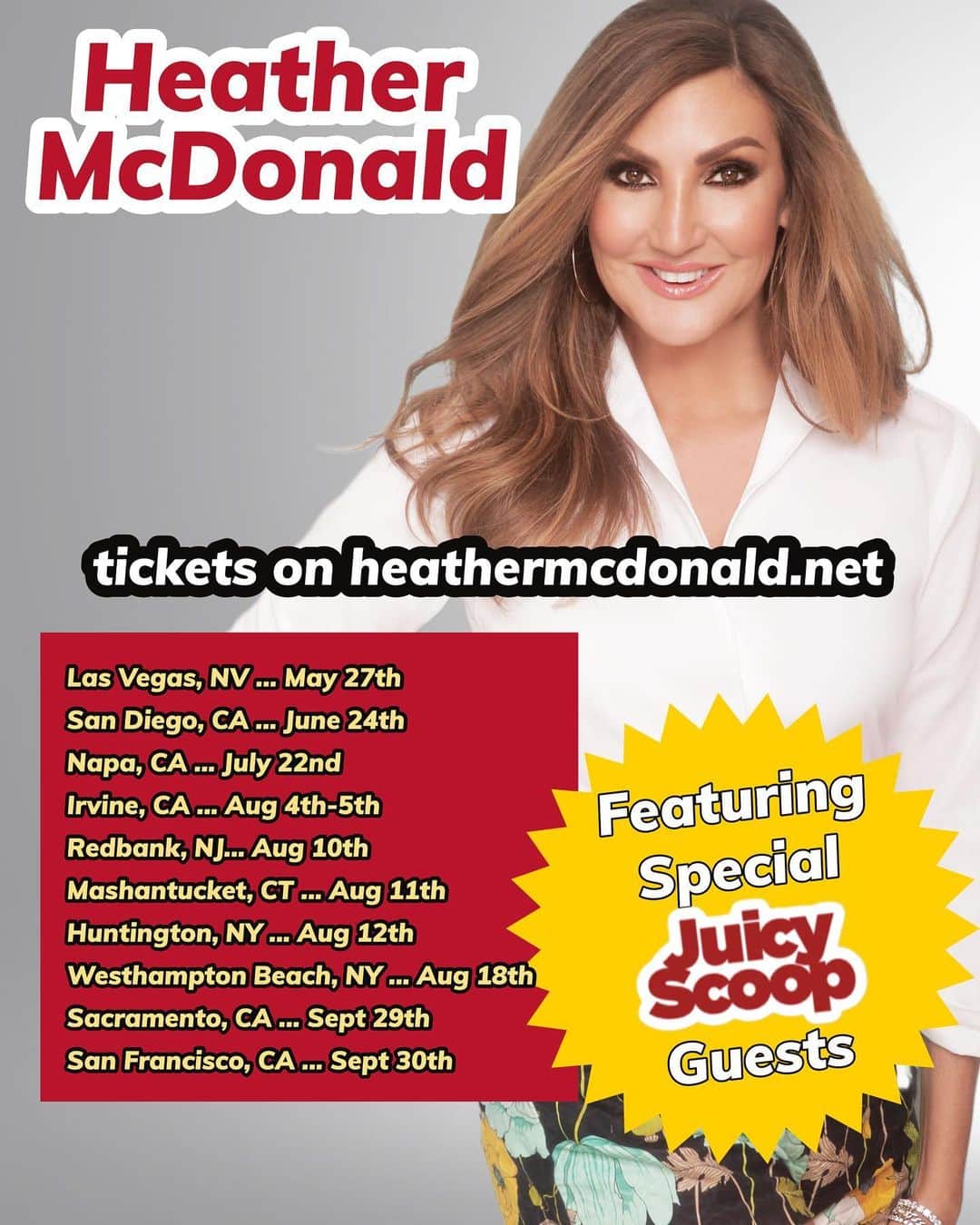 ヘザー・マクドナルドのインスタグラム：「Have you gotten your tickets? Come see me this summer!! ☀️❤️ go to heathermcdonald.net to get tickets #comedy #standup #juicyscoop #tour #live #popculture #hollywood #celebrities」