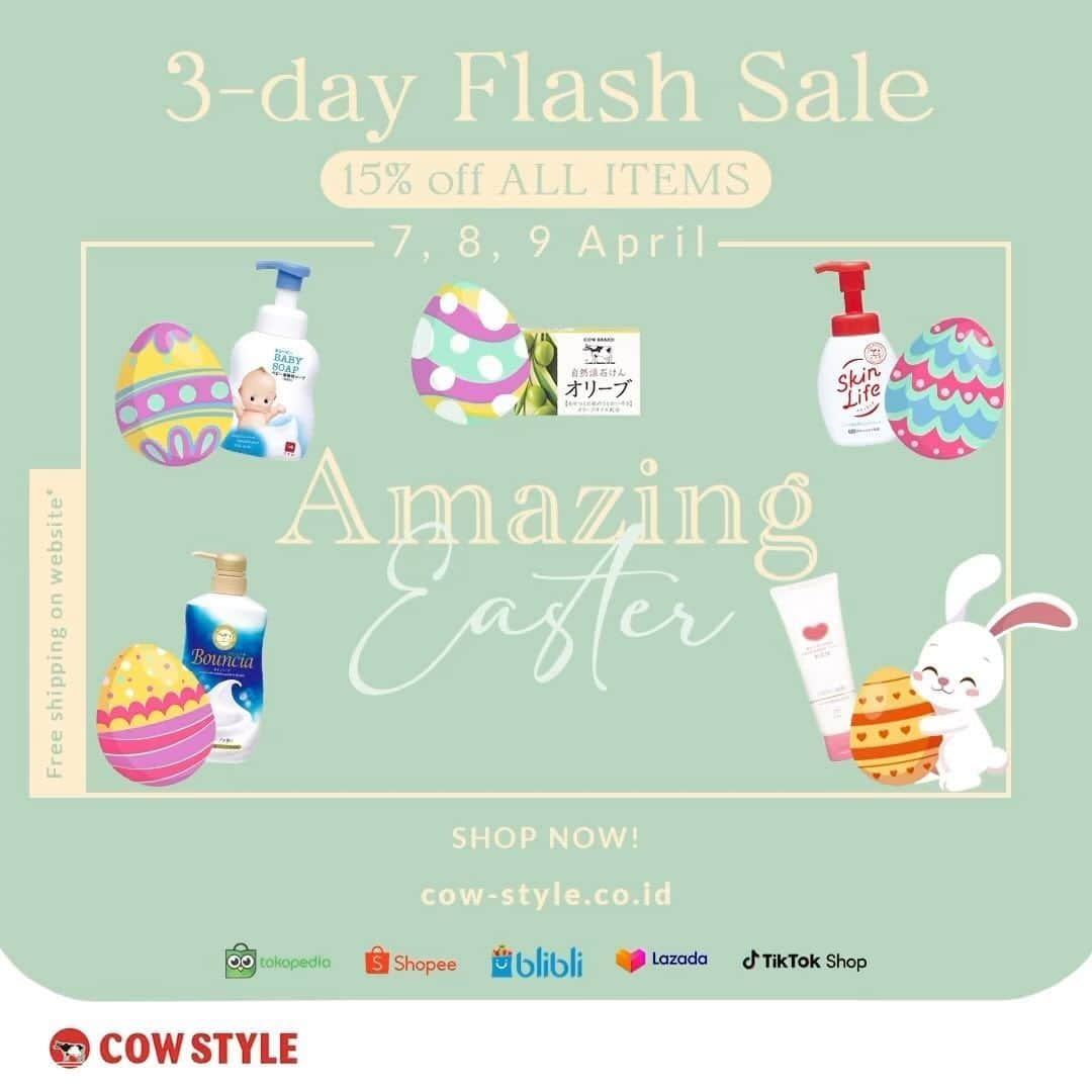 COWSTYLEIDのインスタグラム：「2nd Day of EASTER FLASH SALE 15% off on EVERYTHING from 7 april through 9 April! 🤩🤩🤩  Link in bio to shop. Hurry before the sale ends.  #cowstyleindonesia #cowstylebeauty #cumacowdihatiku #sabunpremium #easter #flashsale #weekendflashsale」