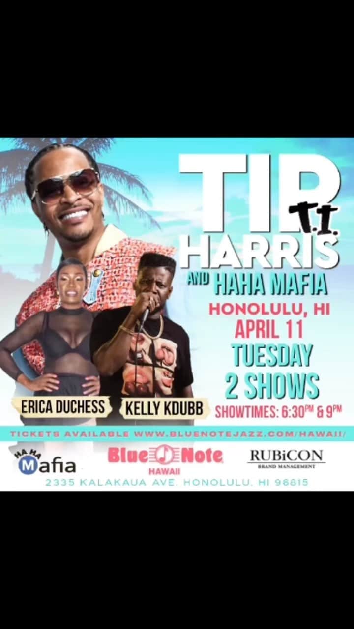 T.I.のインスタグラム：「Aight Hawaii The Wait is Over‼️ @thehahamafia coming to @bluenotehawaii THIS TUESDAY coming up... 4/11 Bringing @ericaduchess & @comediankdubb23 wit me to tear da town down‼️ Get ya tix now... it's gon be a major VIBE... UFEELMEⓂ️😉🍾」