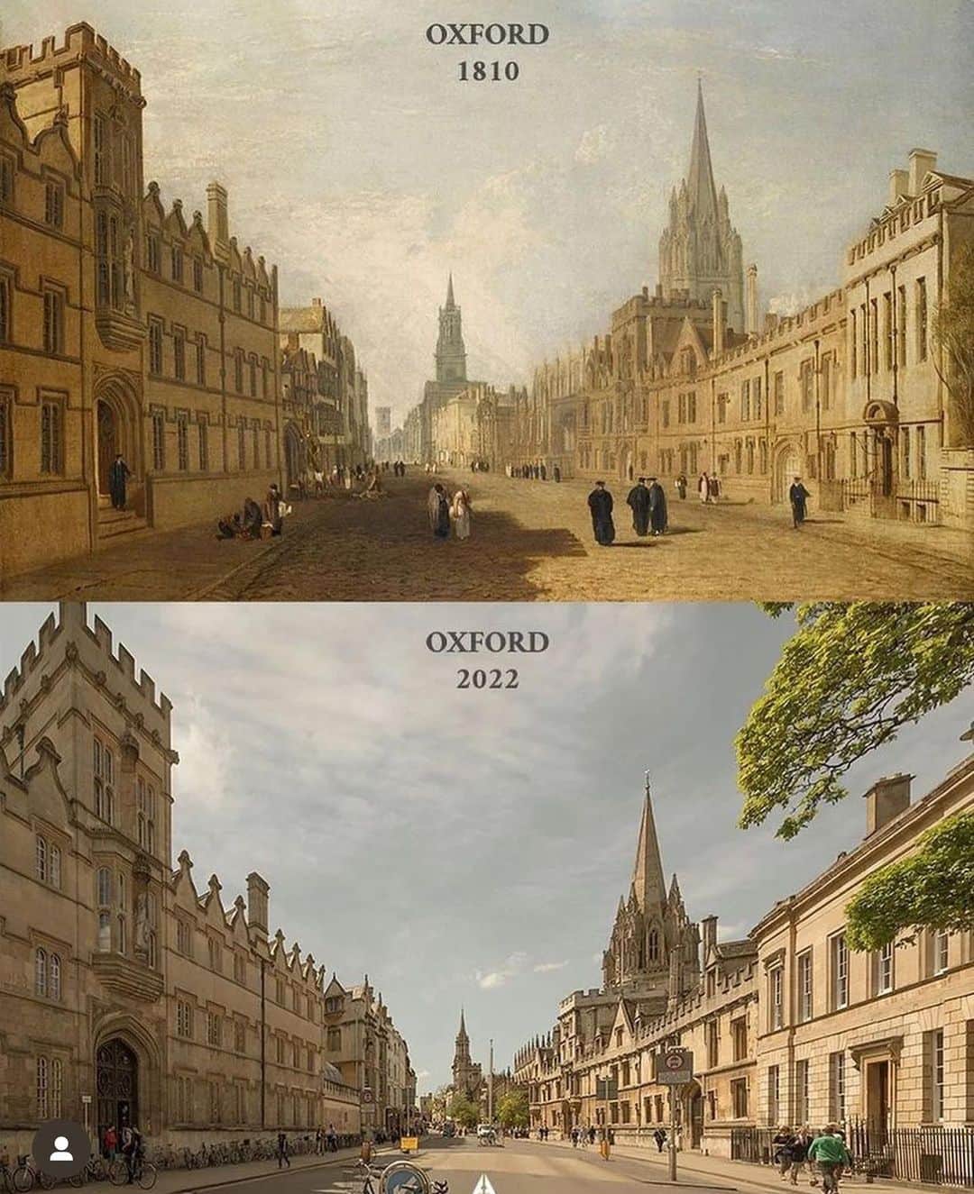 のインスタグラム：「Oxford in the 1800’s and now. This is how history, culture and traditions are preserved. #swipeleft」