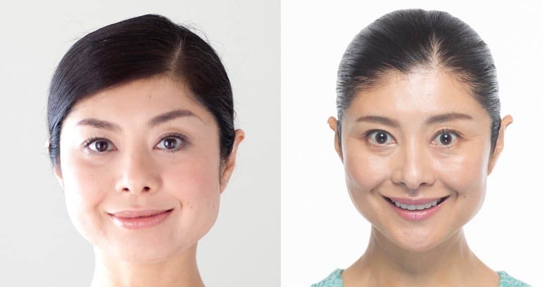 間々田佳子のインスタグラム：「コアフェイストレーニングは コアフェイス（顔の中心軸）を意識して顔を動かし、負荷をかけて鍛える顔の筋トレ  どんどん顔の歪みがなくなりますね… 自力で修正することは 大事だと 自分の顔の変化を見ながら つくづく思います🤭  #間々田佳子 #コアフェイストレーニング」
