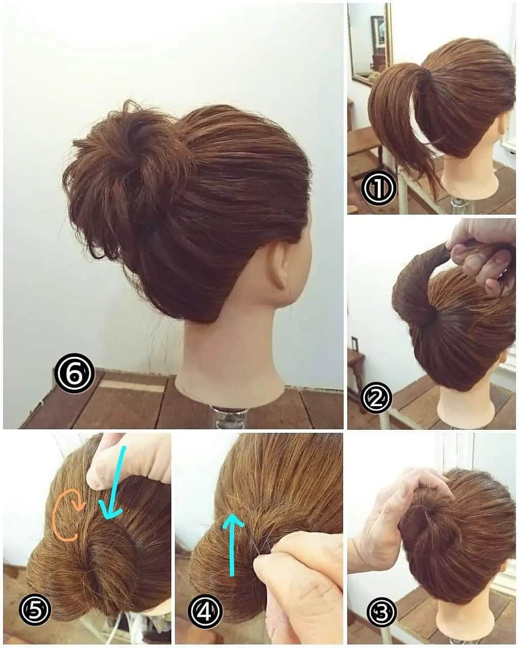 のインスタグラム：「Uピンの留め方(おだんご)  ① ひとつに結びます ② それをねじってねじって ③ そのままねじり続けながら根元に巻き付けます ④ Uピンを一度外に向ける感じで土台の髪まで差します ⑤ それを髪を引っかけたまま反対へ倒して差し込みます ⑥ 同じようにピンを何ヵ所か打つとしっかり留まります 少し毛束を引き出しておだんごヘアの出来上がりです Uピンを差し込むときジグザグと揺らしながら差すと抜けづらくなりますよ」