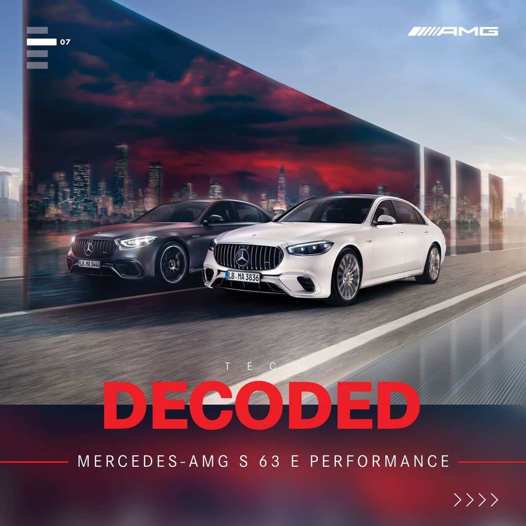 Mercedes AMGのインスタグラム：「Prepare to have your expectations exceeded and your senses redefined by the Mercedes-AMG S 63 E PERFORMANCE.  This performance hybrid delivers awe-inspiring 590 kW (802 hp) from a 4.0-liter V8 engine and an exclusive electric motor. Taking the P3 hybrid powertrain to the next level, its AMG high-performance battery boosts an unprecedented capacity of 13.1 kWh. To optimise comfort and driving dynamics, we also pulled out all the stops by adding active roll stabilization and rear-axle steering as standard features – for the first time in the segment.  Forget impossible with the most powerful S-Class ever.  #MercedesAMG #AMG #TechDecoded #S63 #EPERFORMANCE #ForgetImpossible #HybridPower  [Mercedes-AMG S 63 E PERFORMANCE | Kraftstoffverbrauch kombiniert: 4,4 l/100 km | CO₂-Emissionen kombiniert: 100 g/km | Stromverbrauch kombiniert: 21,4 kWh/100 km | amg4.me/DAT-Leitfaden-electric]」